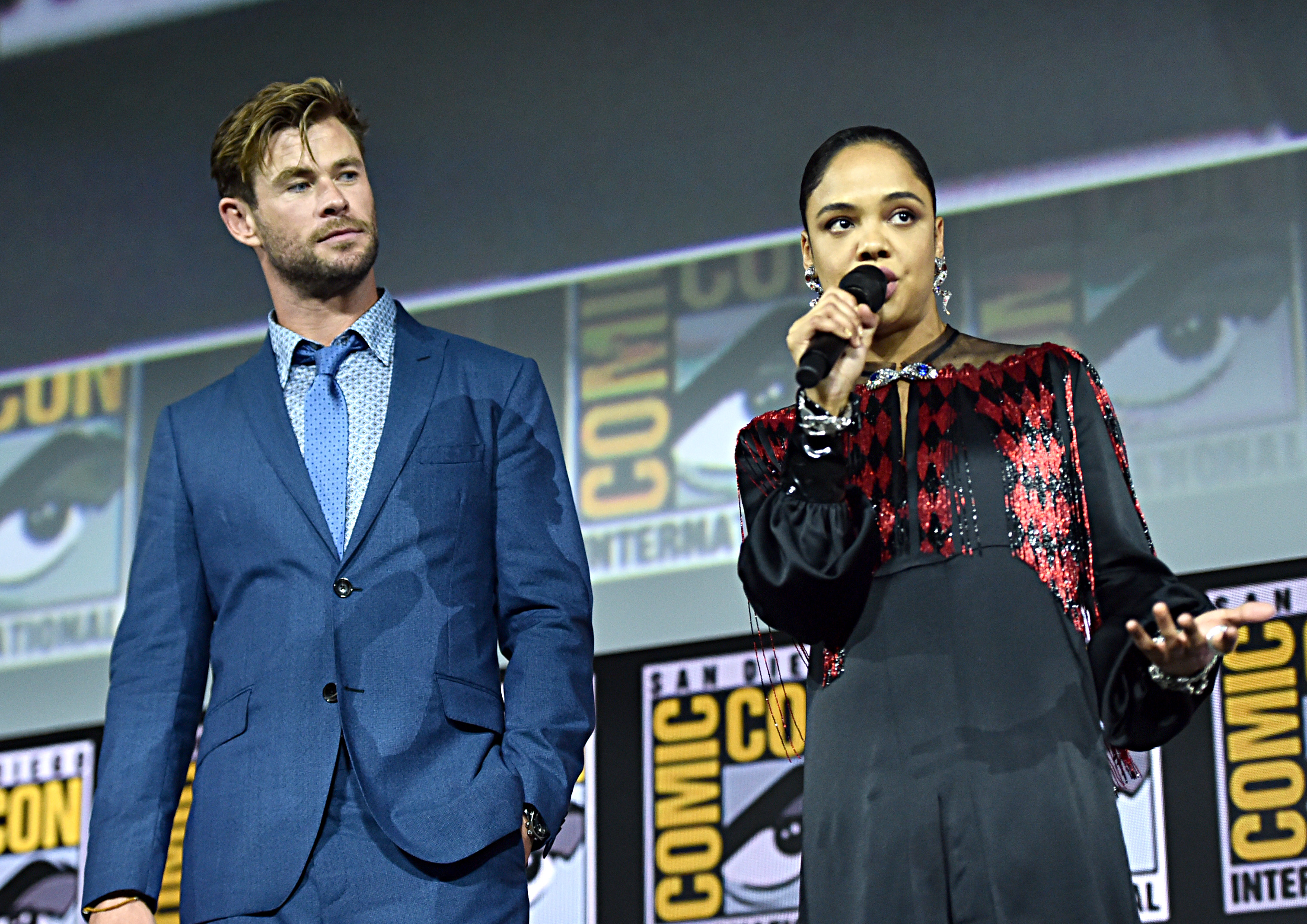 Chris Hemsworth and Tessa Thompson of Marvel Studios’ ‘Thor: Love and Thunder’ at the San Diego Comic-Con International 2019 Marvel Studios Panel in Hall H on July 20, 2019 in San Diego, California.
