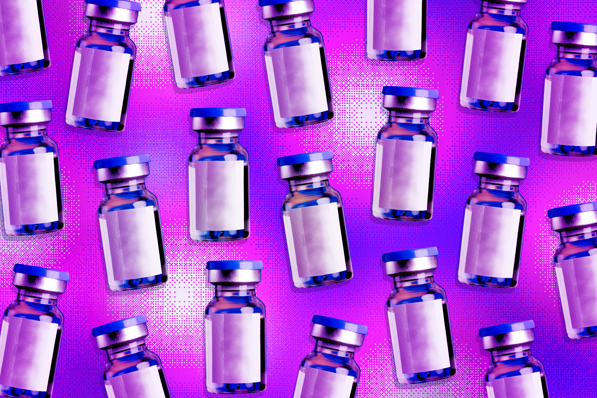 An illustration of several vaccine vials over a pink and purple background.
