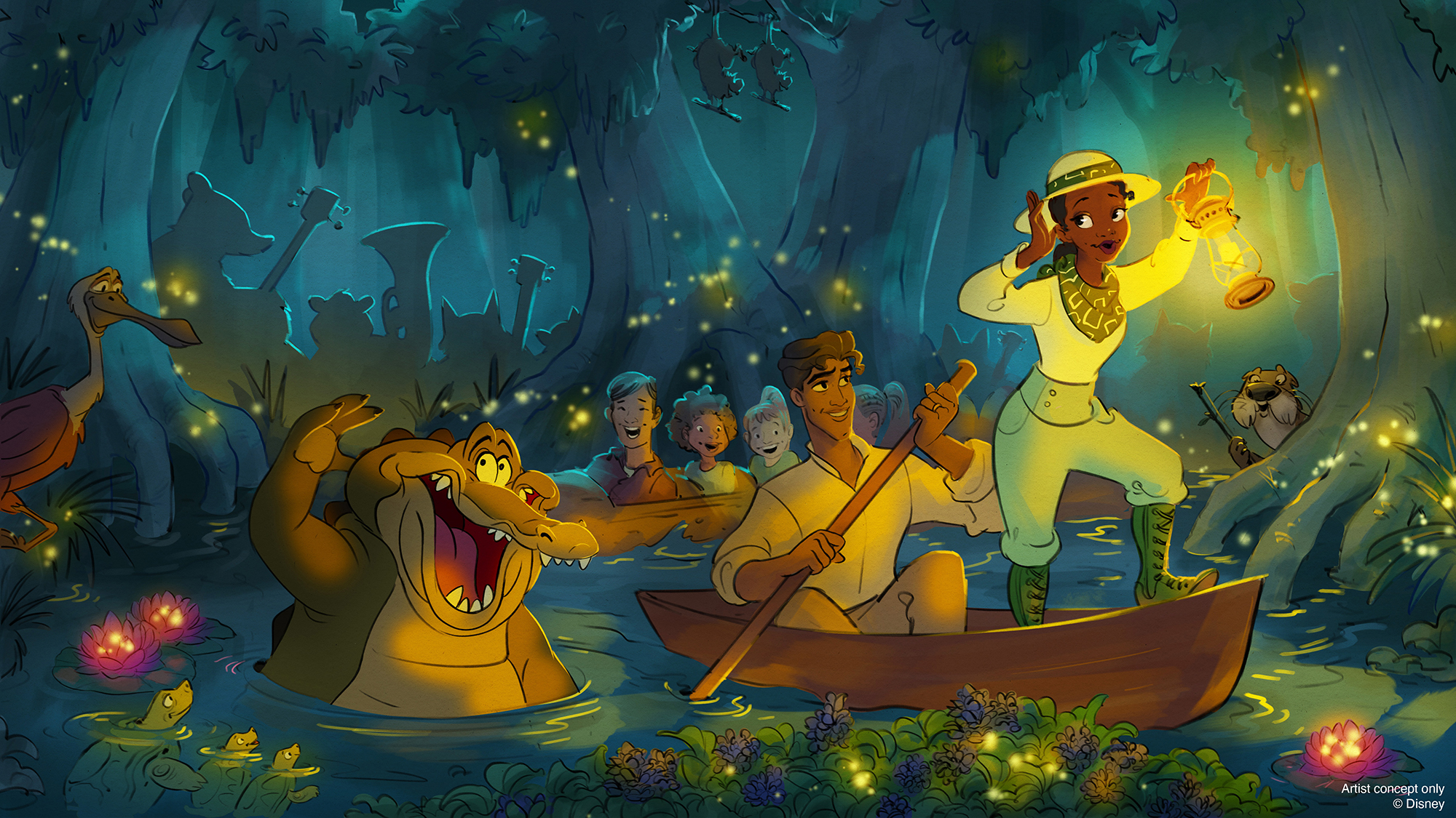 concept art from the Disney theme park ride Tiana’s Bayou Adventure: an illustration of Tiana from The Princess and the Frog holding a lantern at the front of a canoe as Prince Naveen rows the boat at night with all kinds of animals around them