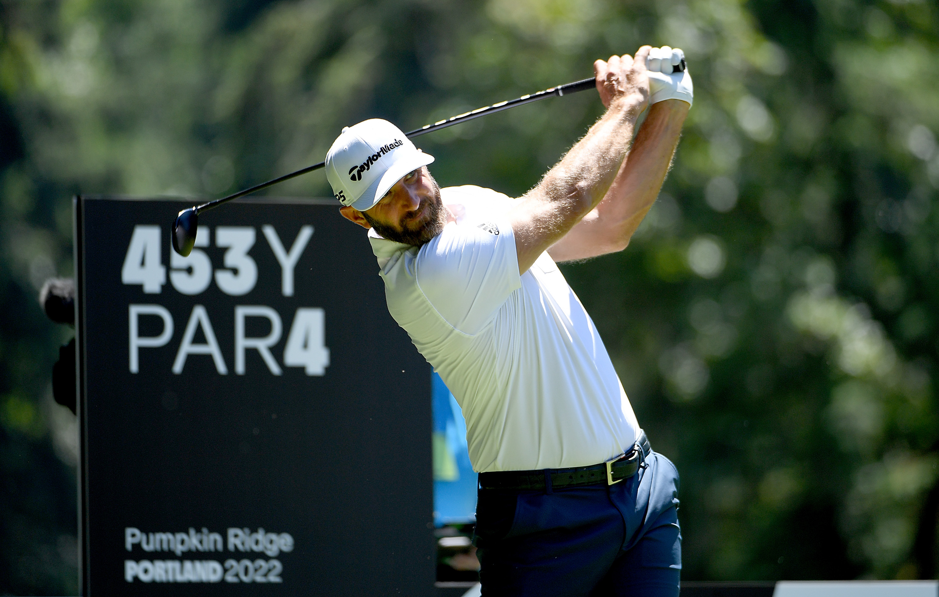 Dustin Johnson hits his tee shot on the fourth hole during round one of the LIV Golf Invitational - Portland at Pumpkin Ridge Golf Club on June 30, 2022 in North Plains, Oregon.