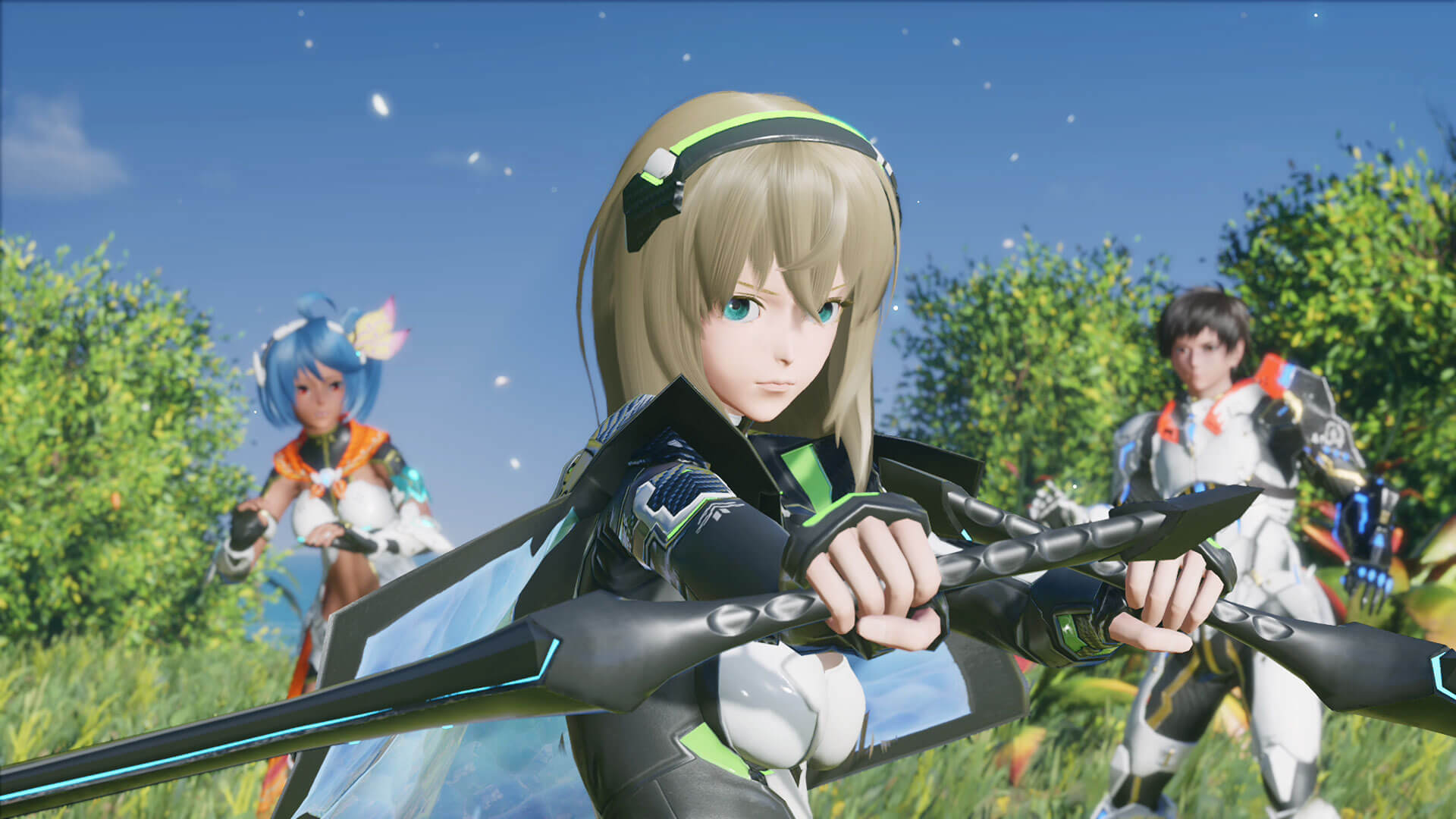 Three heroes face the camera in a screenshot from Phantasy Star Online 2 New Genesis