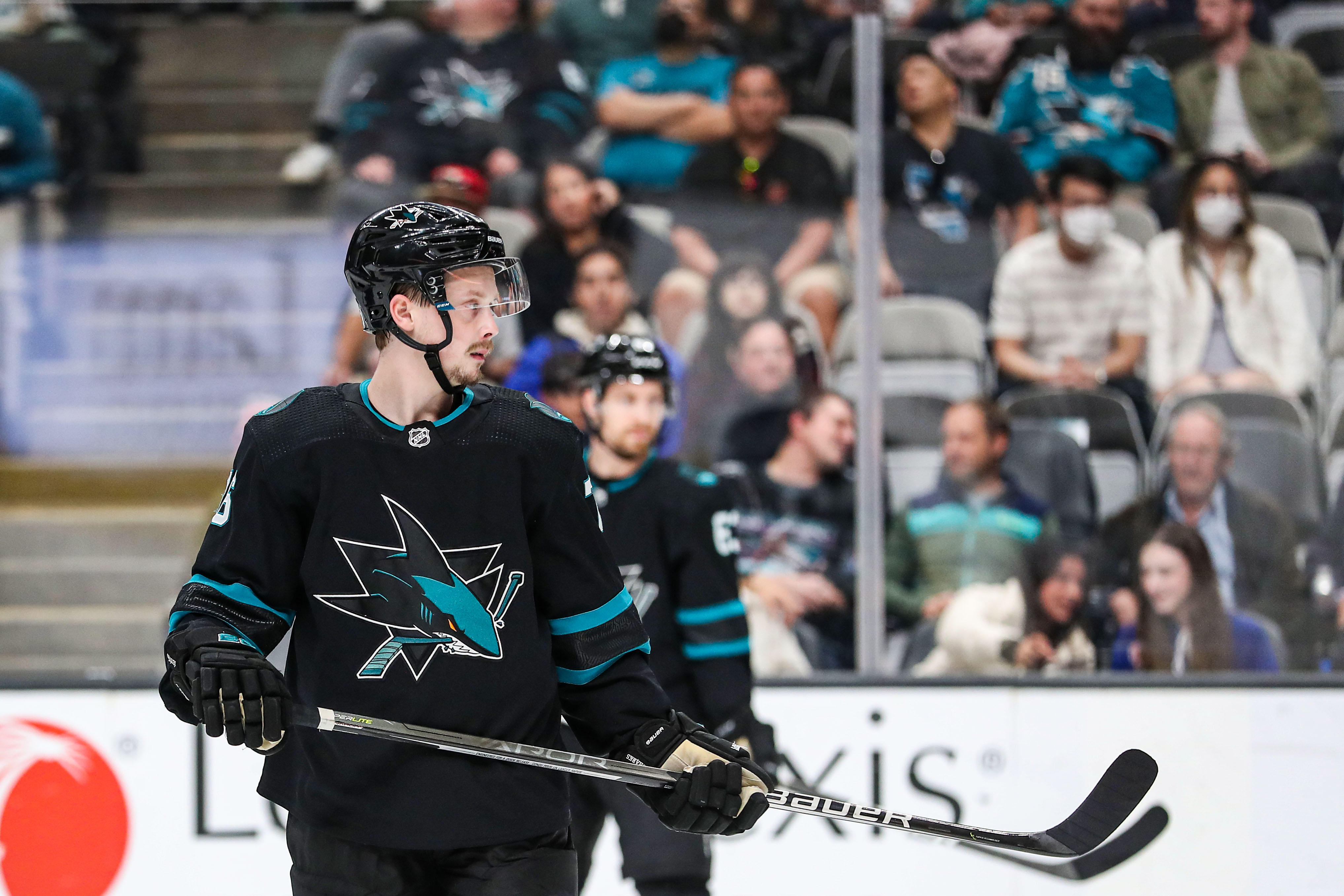 Jonathan Dahlen #76 of the San Jose Sharks stares down the ice during game against the Calgary Flames at SAP Center on April 7, 2022 in San Jose, California.