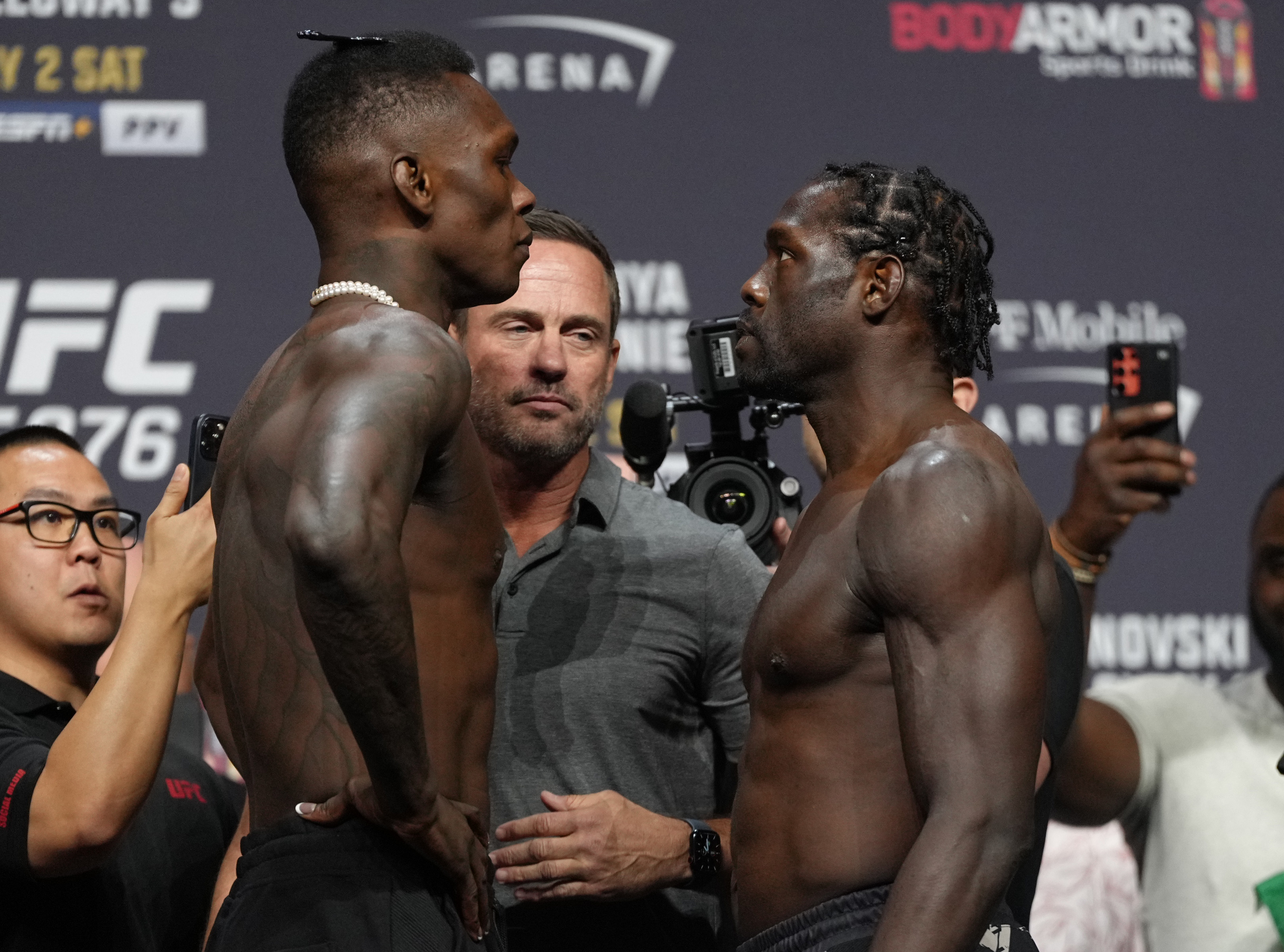 Israel Adesanya and Jared Cannonier at the ceremonial weigh-ins for UFC 276. 