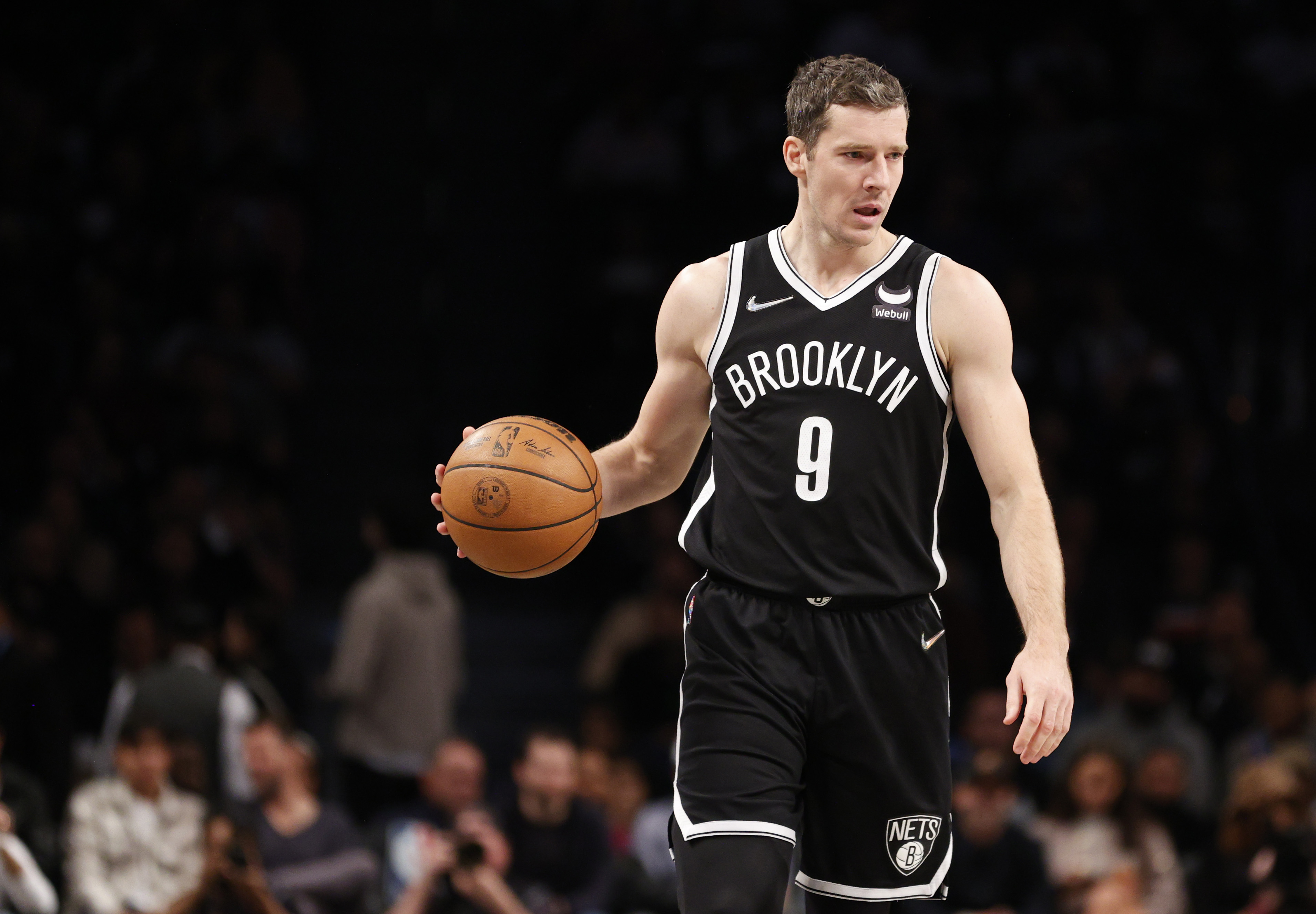 Goran Dragic #9 of the Brooklyn Nets dribbles during the first half of the Eastern Conference 2022 Play-In Tournament against the Cleveland Cavaliers at Barclays Center on April 12, 2022 in the Brooklyn borough of New York City.&nbsp;