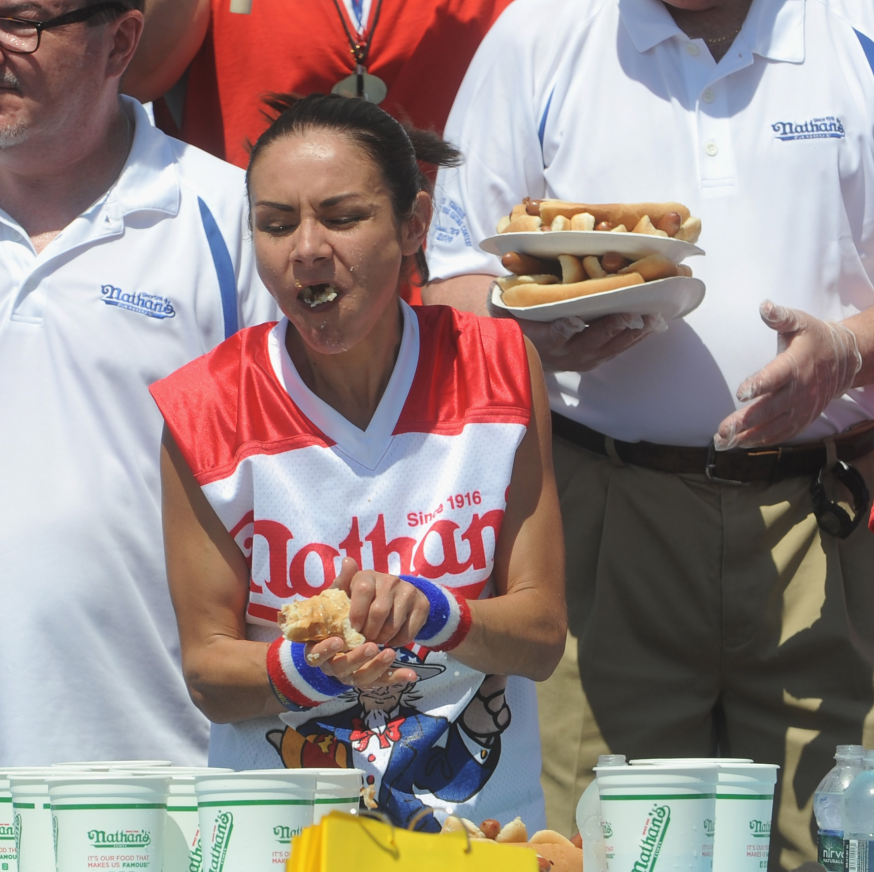 Michelle Lesco competes in the 2019 Nathans Famous Fourth of July International Hot Dog Eating Contest at Coney Island on July 4, 2019 in the Brooklyn borough of New York City.