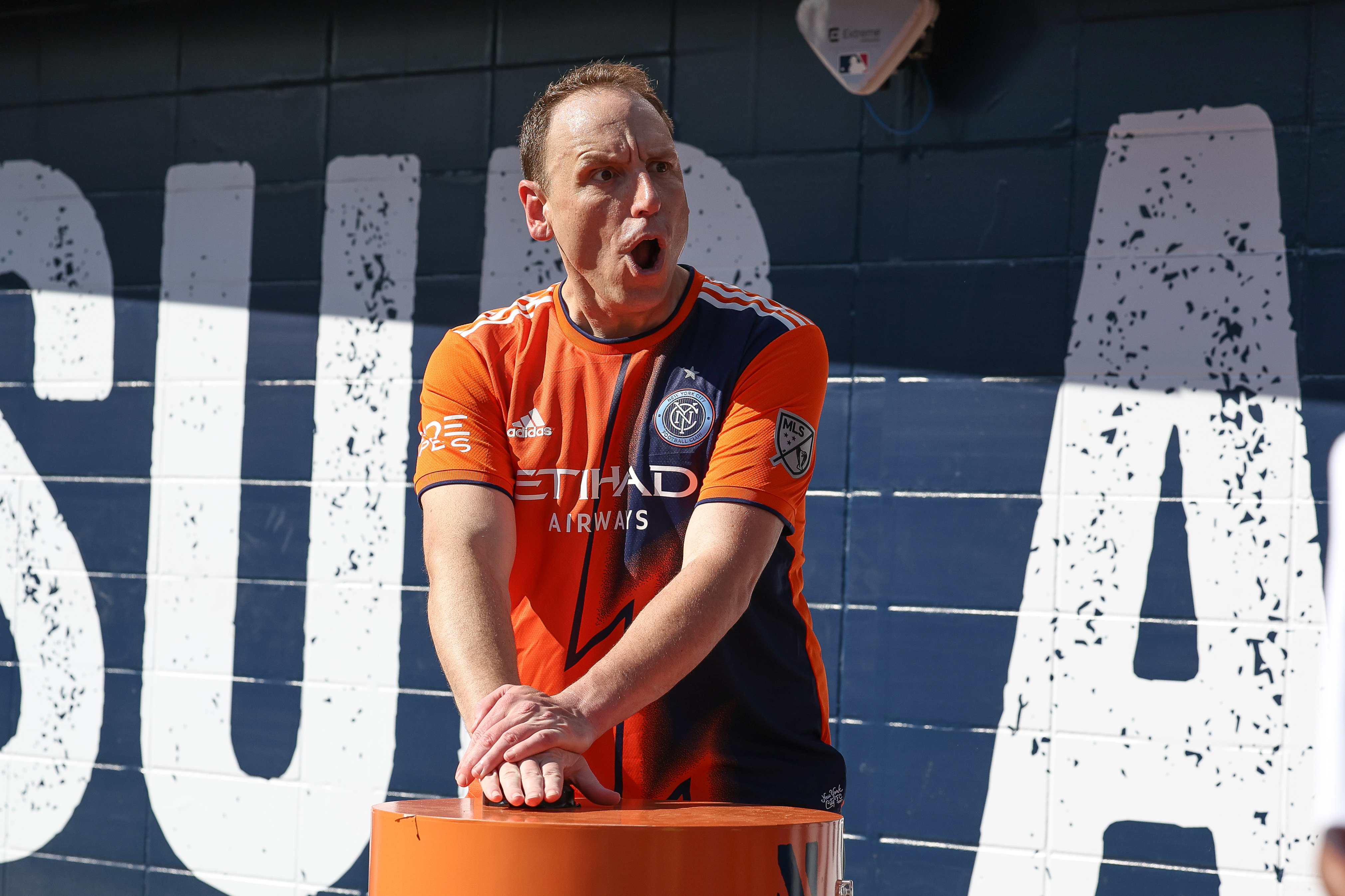 American competitive eater Joey Chestnut ignited the smoke stacks before the game between New York City FC and Atlanta United at Yankee Stadium.