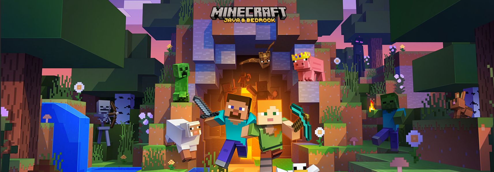 an image of the splash art for mintecraft in the minecraft launcher. there is a crowned pig in the top right that’s a tribute for Technoblade.