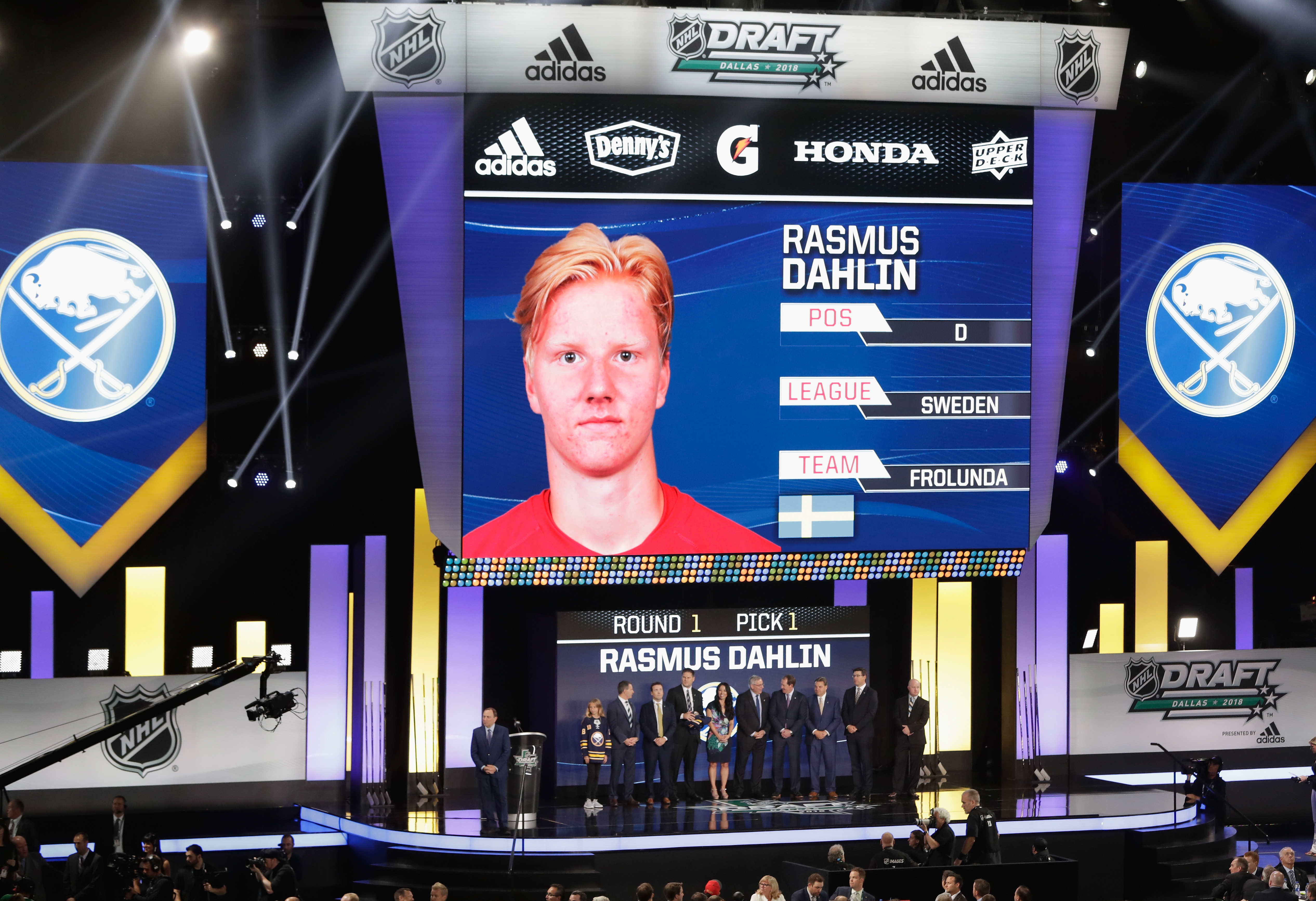 A general view is seen of the stage after Rasmus Dahlin was selected first overall by the Buffalo Sabres during the first round of the 2018 NHL Draft at American Airlines Center on June 22, 2018 in Dallas, Texas.