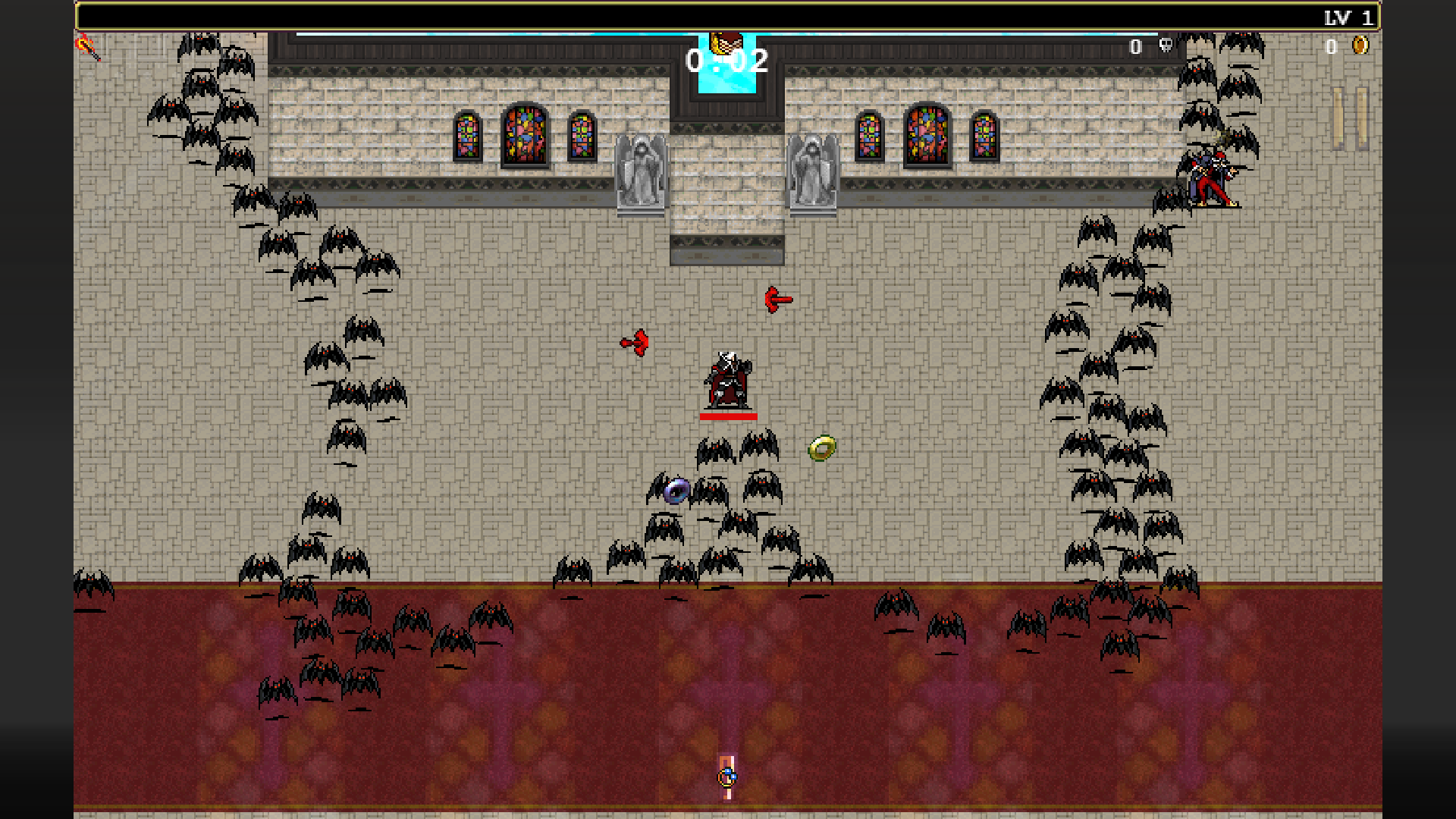 A hero stands among a group of bats in Vampire Survivors