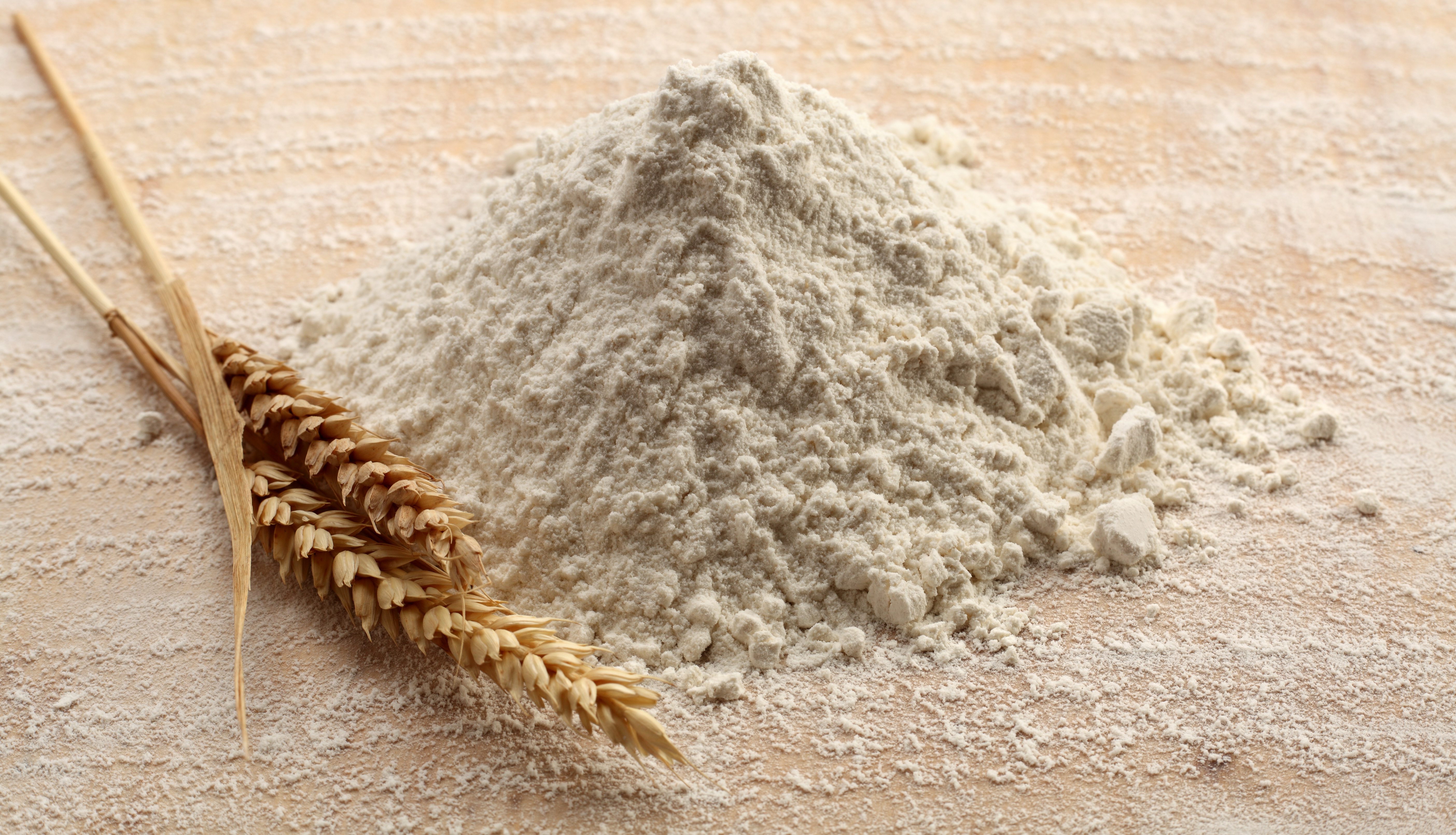 Two sprigs of wheat beside a small pile of flour.