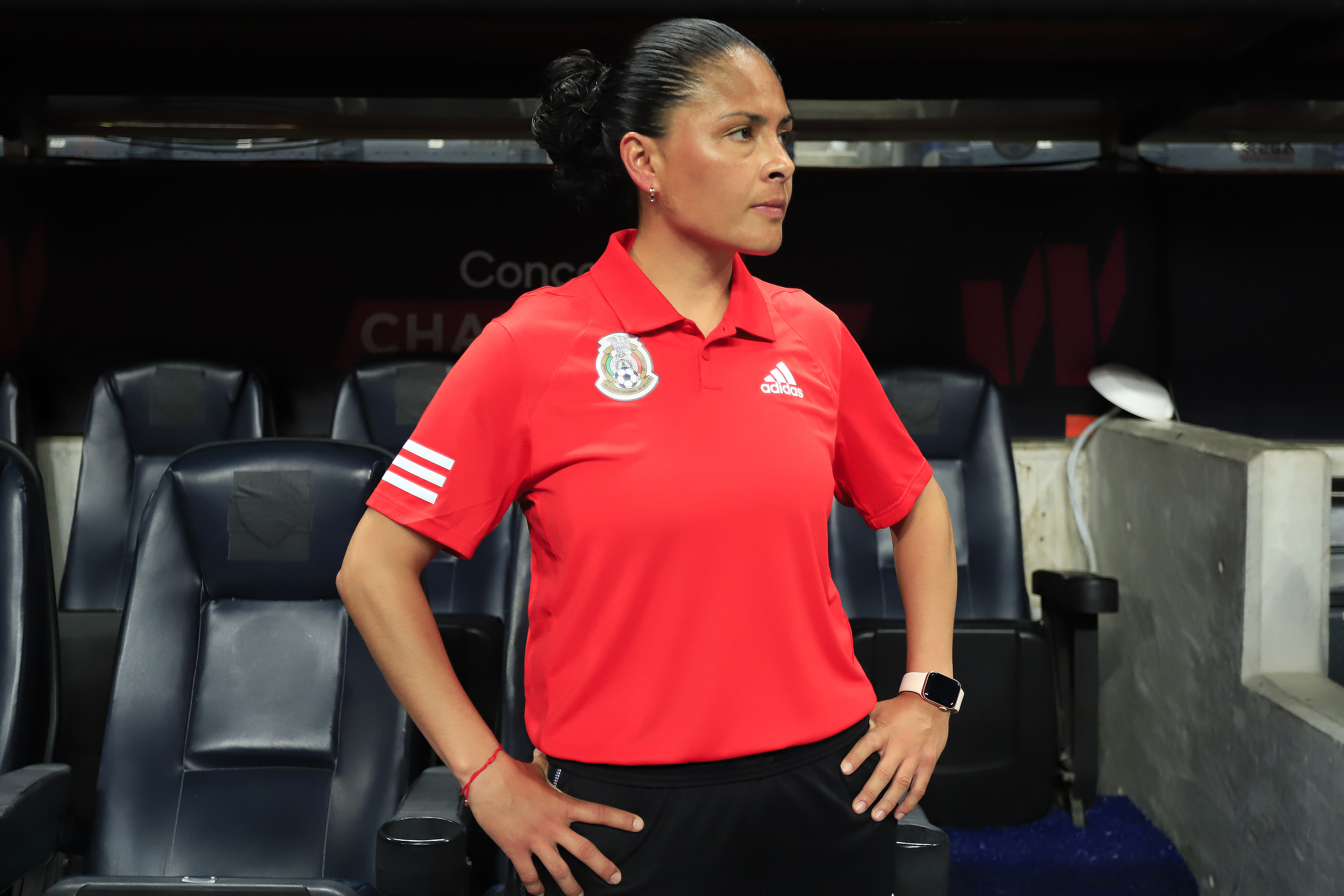 Monica Vergara, head coach of Mexico looks on prior the match between Haiti and Mexico as part of the 2022 Concacaf W Championship at BBVA Stadium on July 7, 2022 in Monterrey, Mexico.