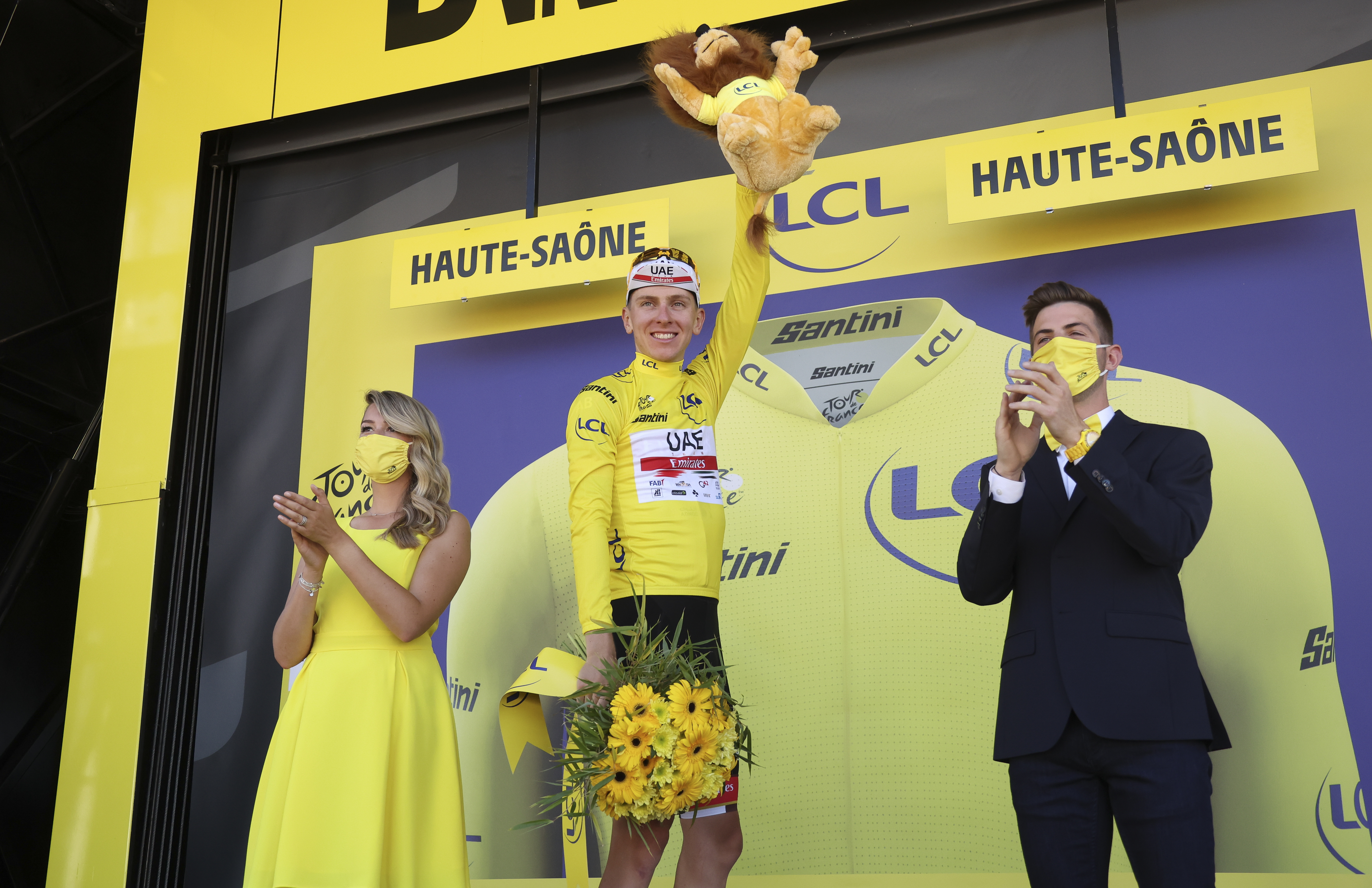 Race leader Tadej Pogacar of Slovenia and UAE Team Emirates retains the yellow jersey during the podium ceremony of the 109th Tour de France 2022, Stage 7 a 176,3 km stage from Tomblaine to La Super Planche des Belles Filles / #TDF2022 / #WorldTour / on July 8, 2022 in Planche des Belles Filles, France.