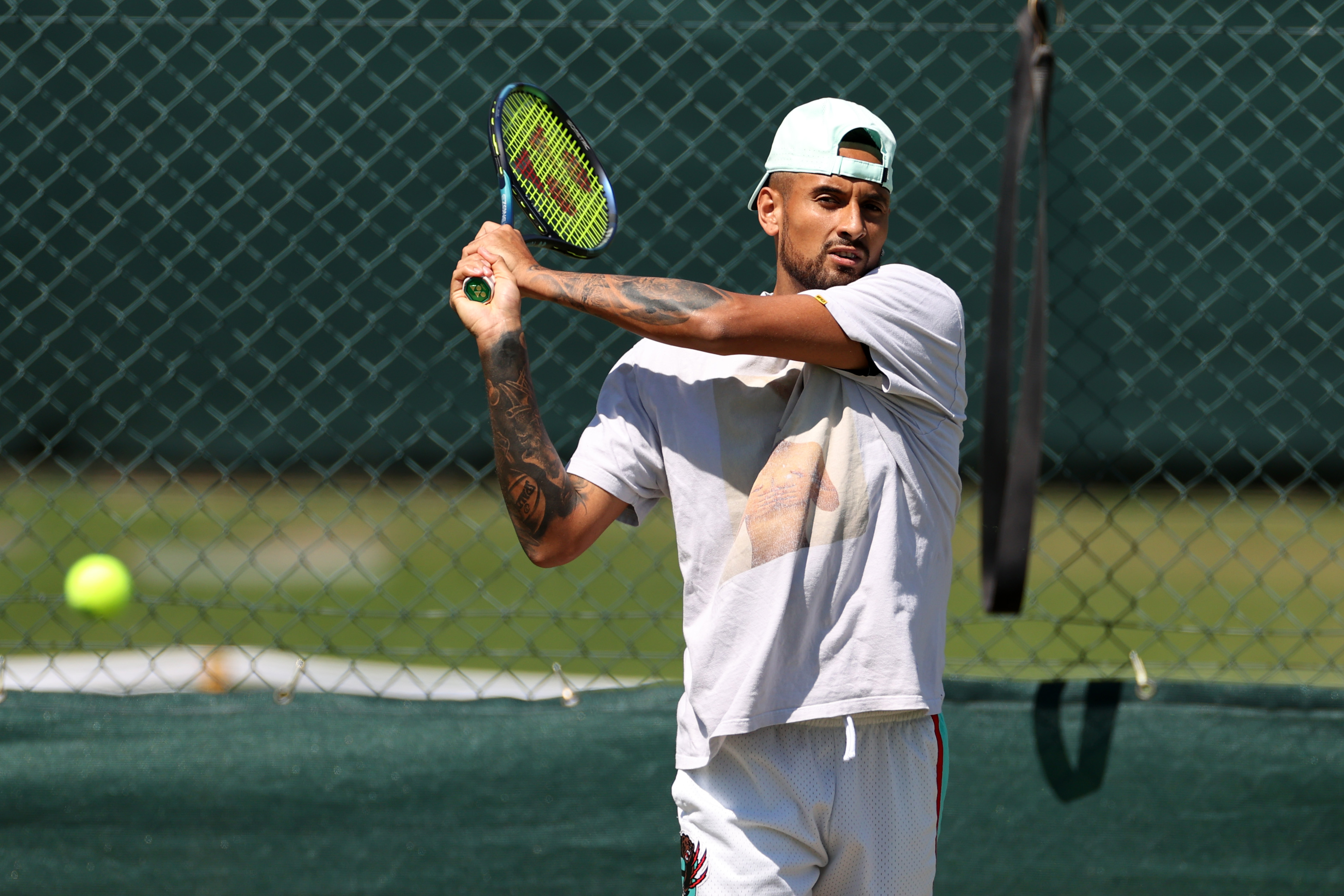 Nick Kyrgios of Australia during a practice session on day thirteen of The Championships Wimbledon 2022 at All England Lawn Tennis and Croquet Club on July 09, 2022 in London, England.