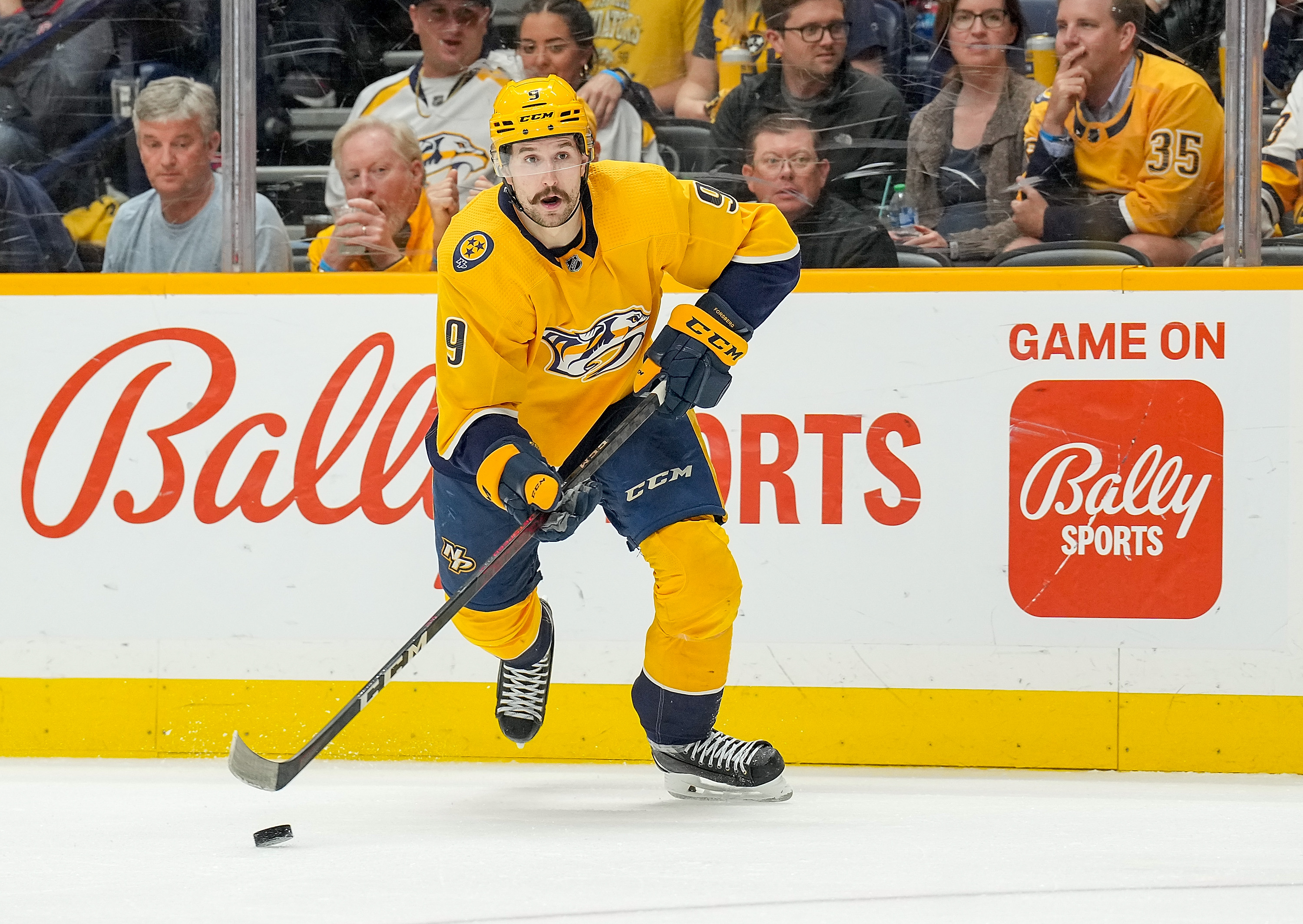 Filip Forsberg #9 of the Nashville Predators skates against the Colorado Avalanche in Game Four of the First Round of the 2022 Stanley Cup Playoffs at Bridgestone Arena on May 9, 2022 in Nashville, Tennessee.