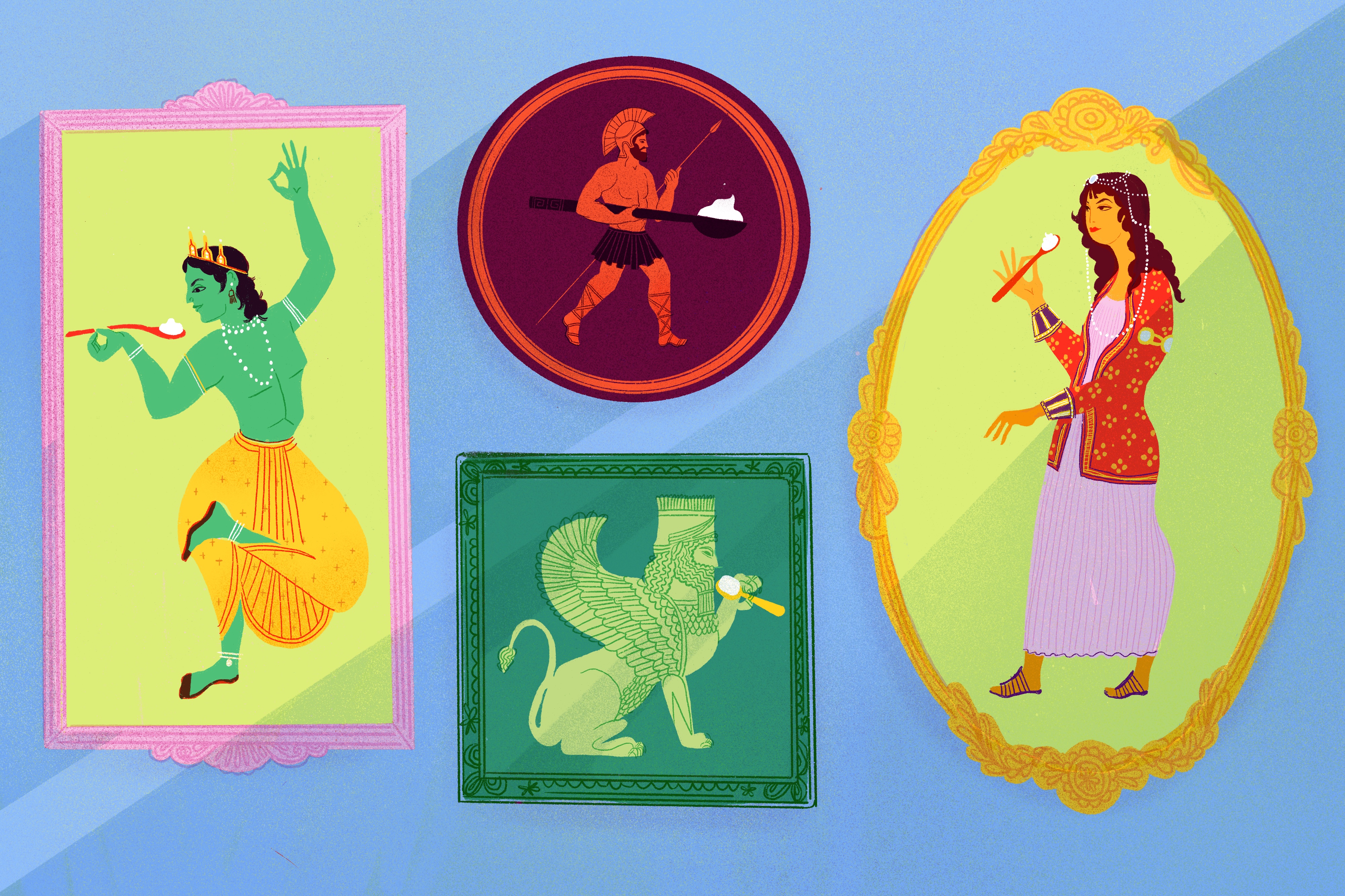Portraits of figures in ancient India, Greece, Persia and the Middle East eating yogurt. Illustration.