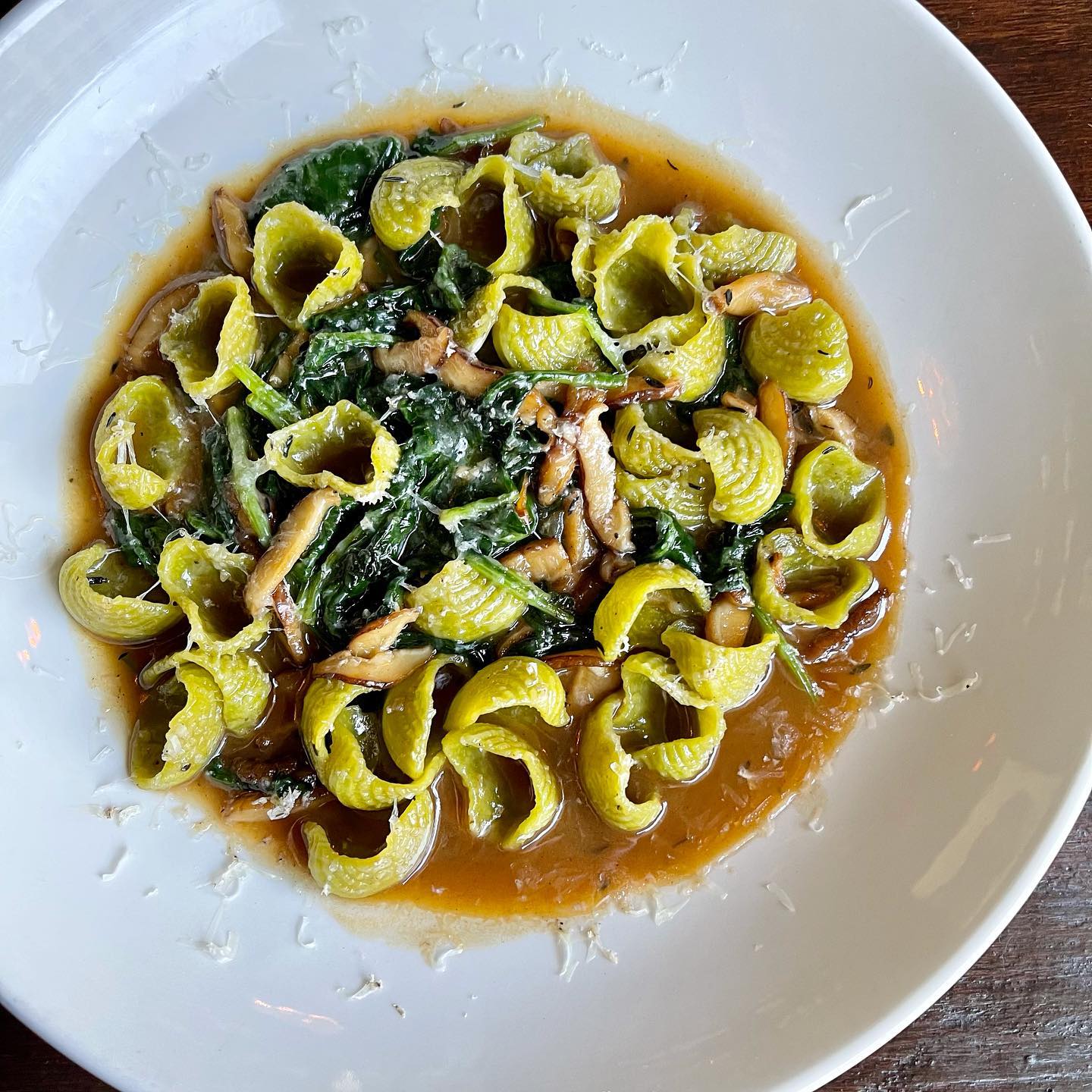 A plate of shell pasta with greens and brown sauce.