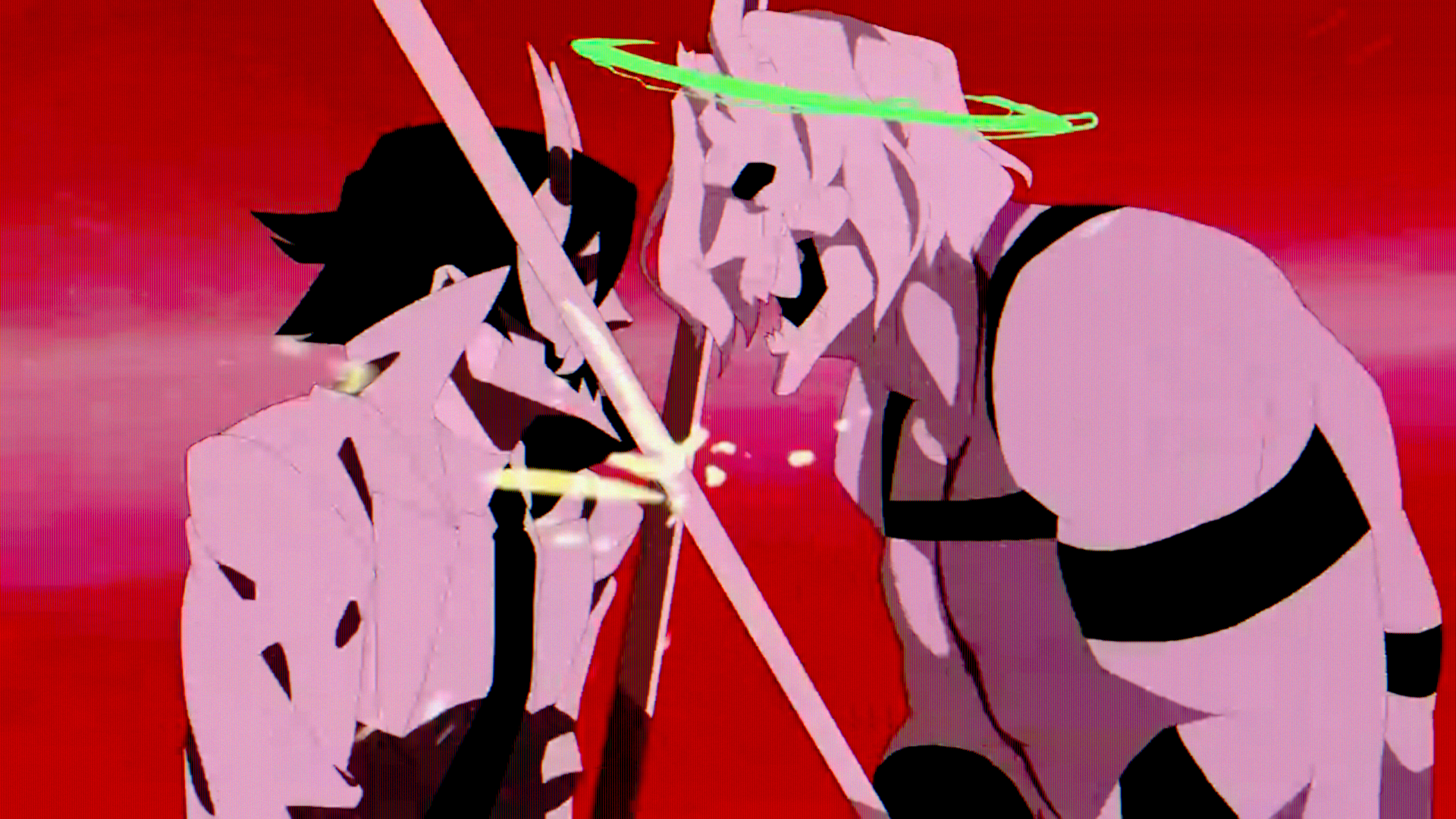 a still from the opening cut scene of neon white. it shows White and Green clashing swords. 
