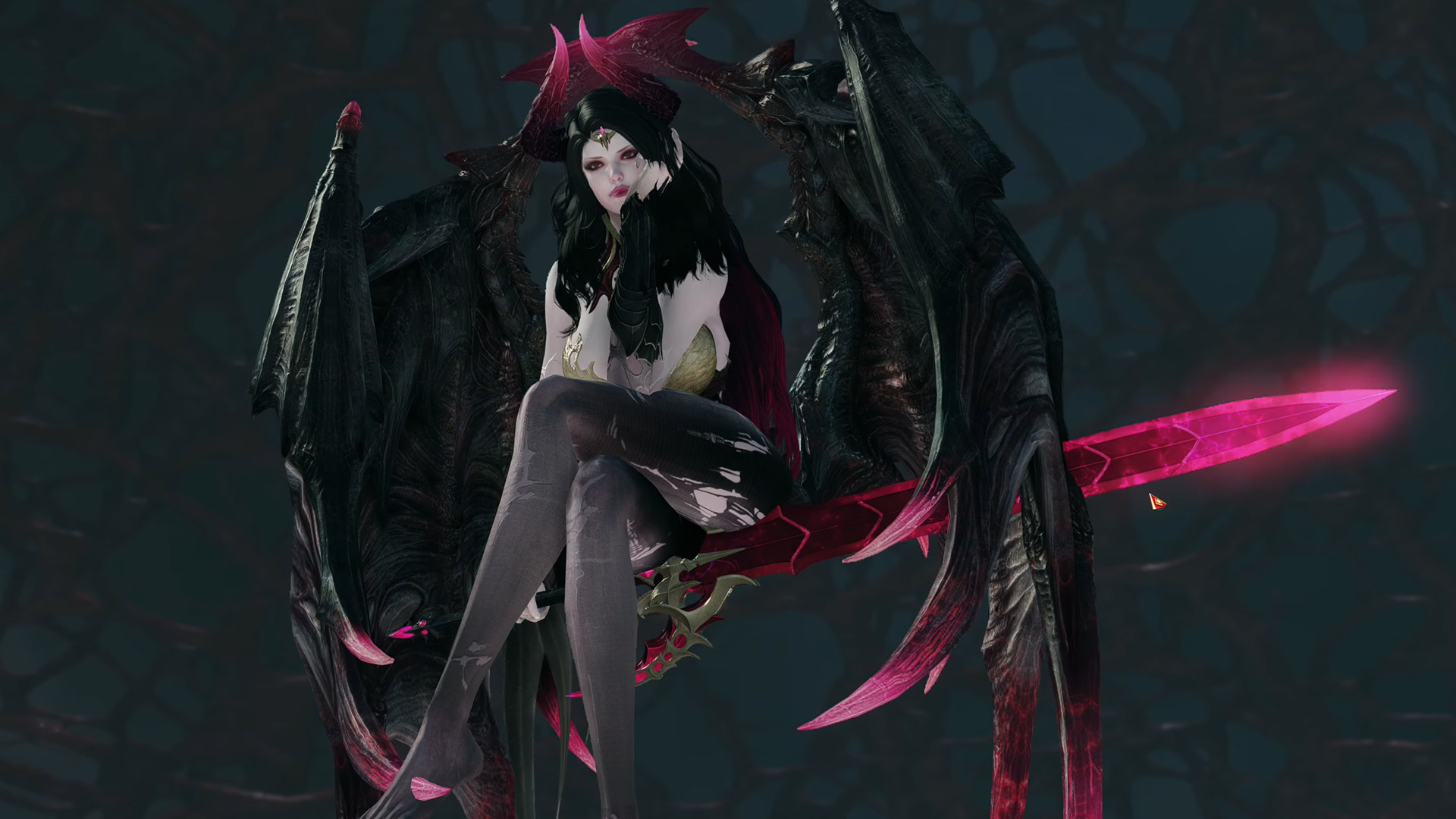 Vykas, the boss of Lost Ark’s new Legion Raid, poses with her chin in her hand, her legs crossed, and her bat wings slightly unfurled