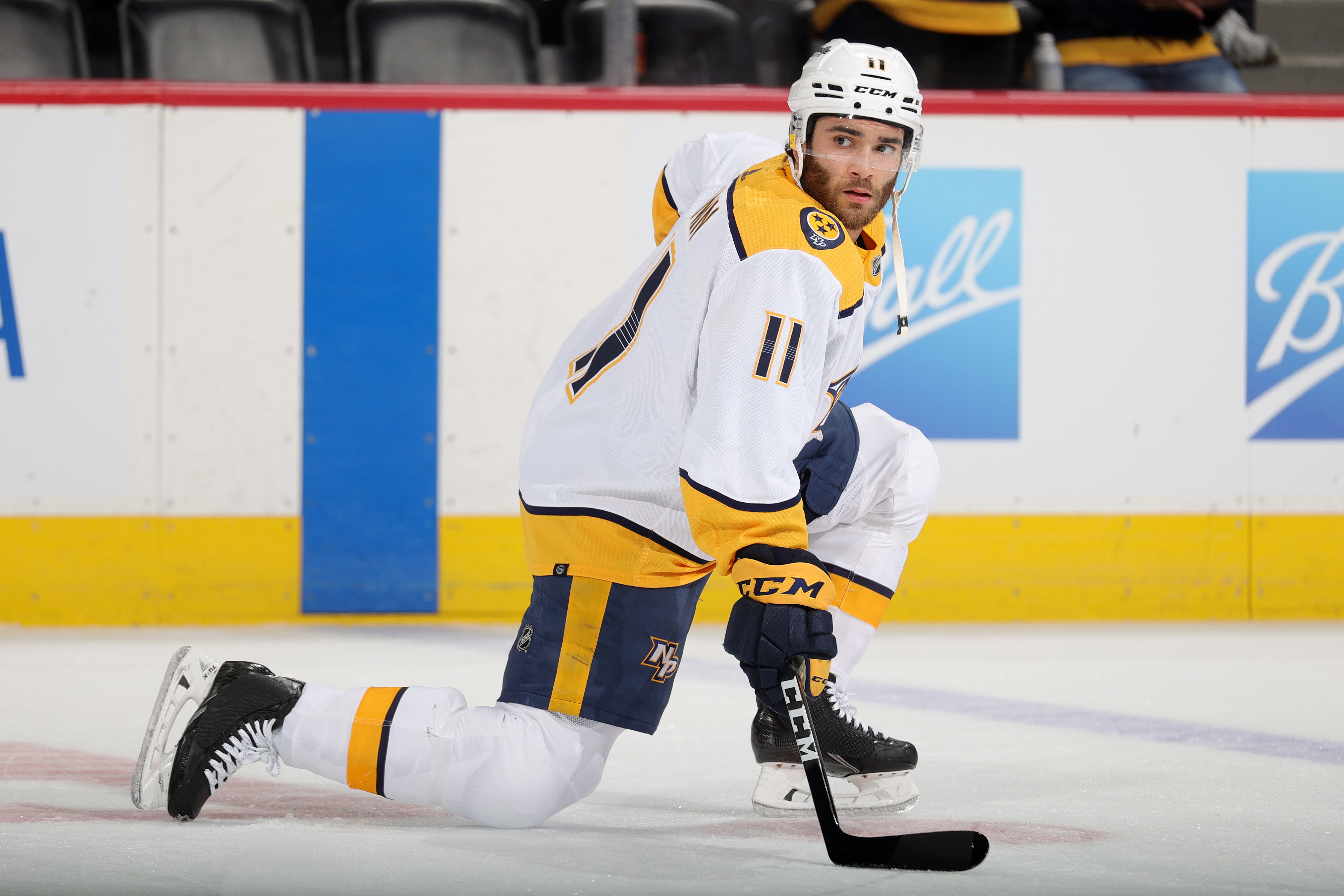 Luke Kunin #11 of the Nashville Predators warms up prior to the game against the Colorado Avalanche at Ball Arena on April 28, 2022 in Denver, Colorado.