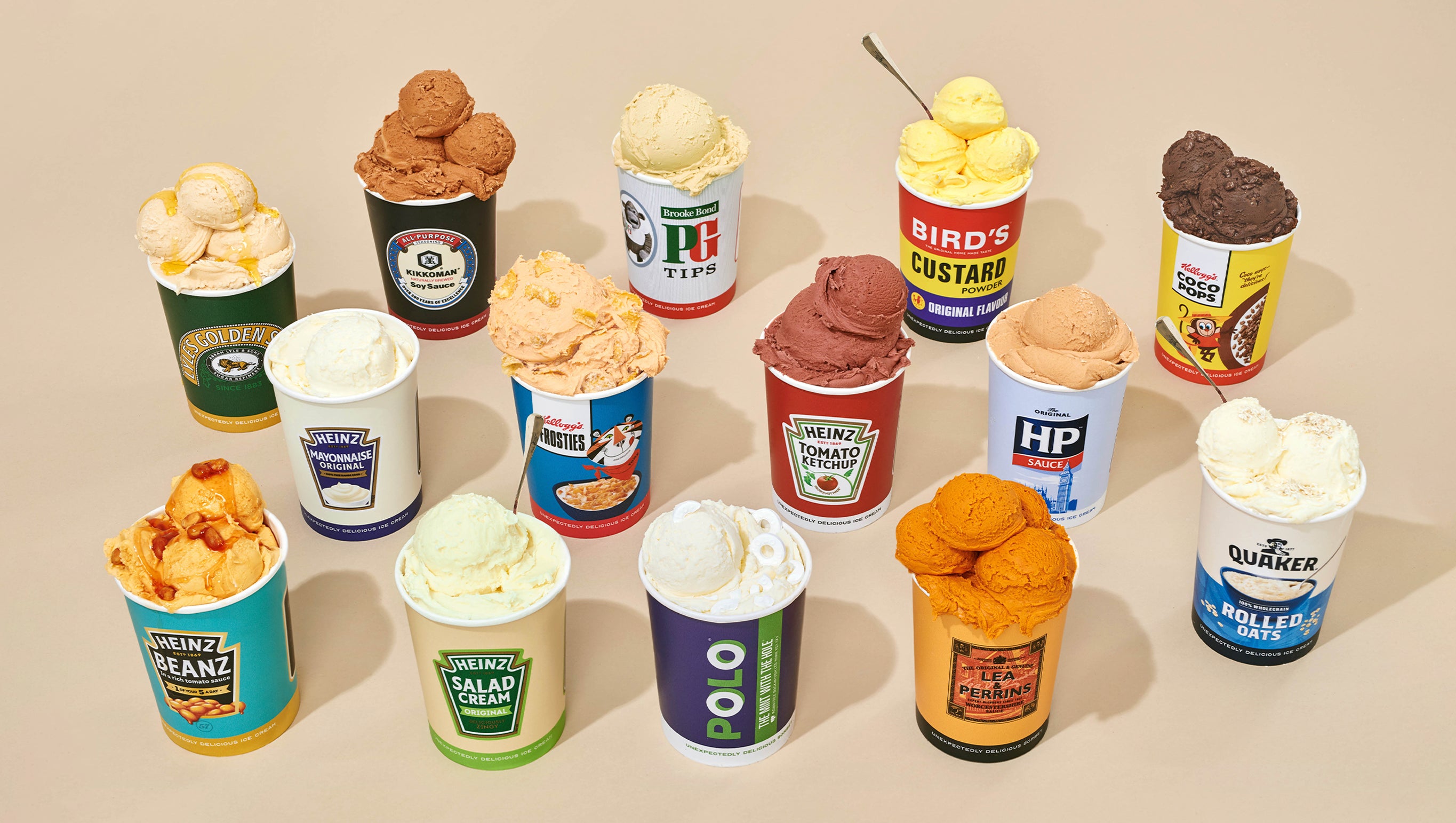 An array of branded ice cream tubs, including Heinz Beans, PG Tips Tea, Salad Cream, and Kikkoman Soy