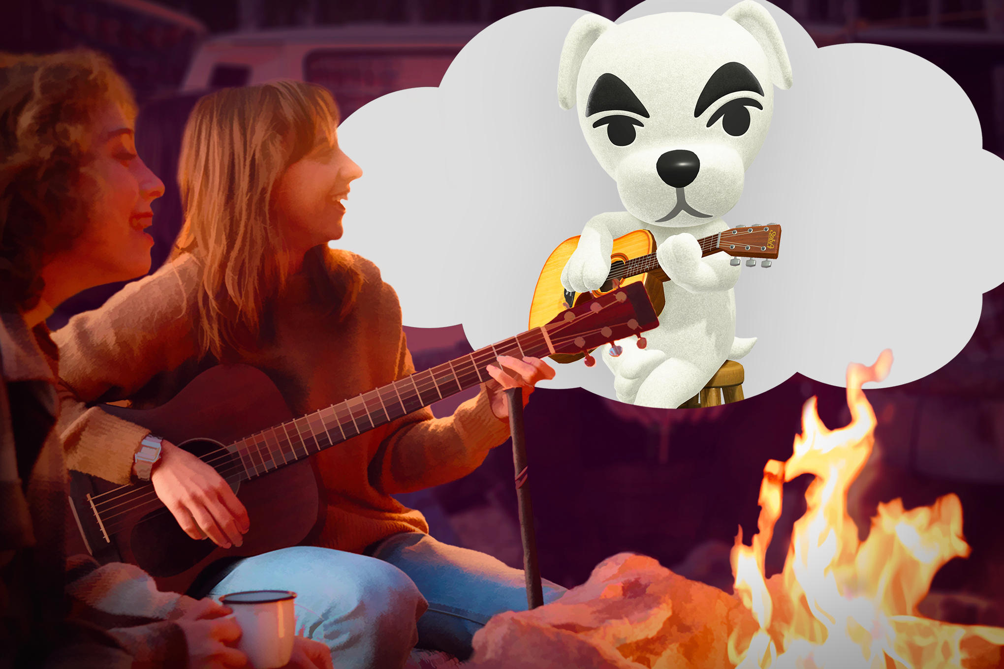 Camp goers sing and play guitar while thinking of Animal Crossing