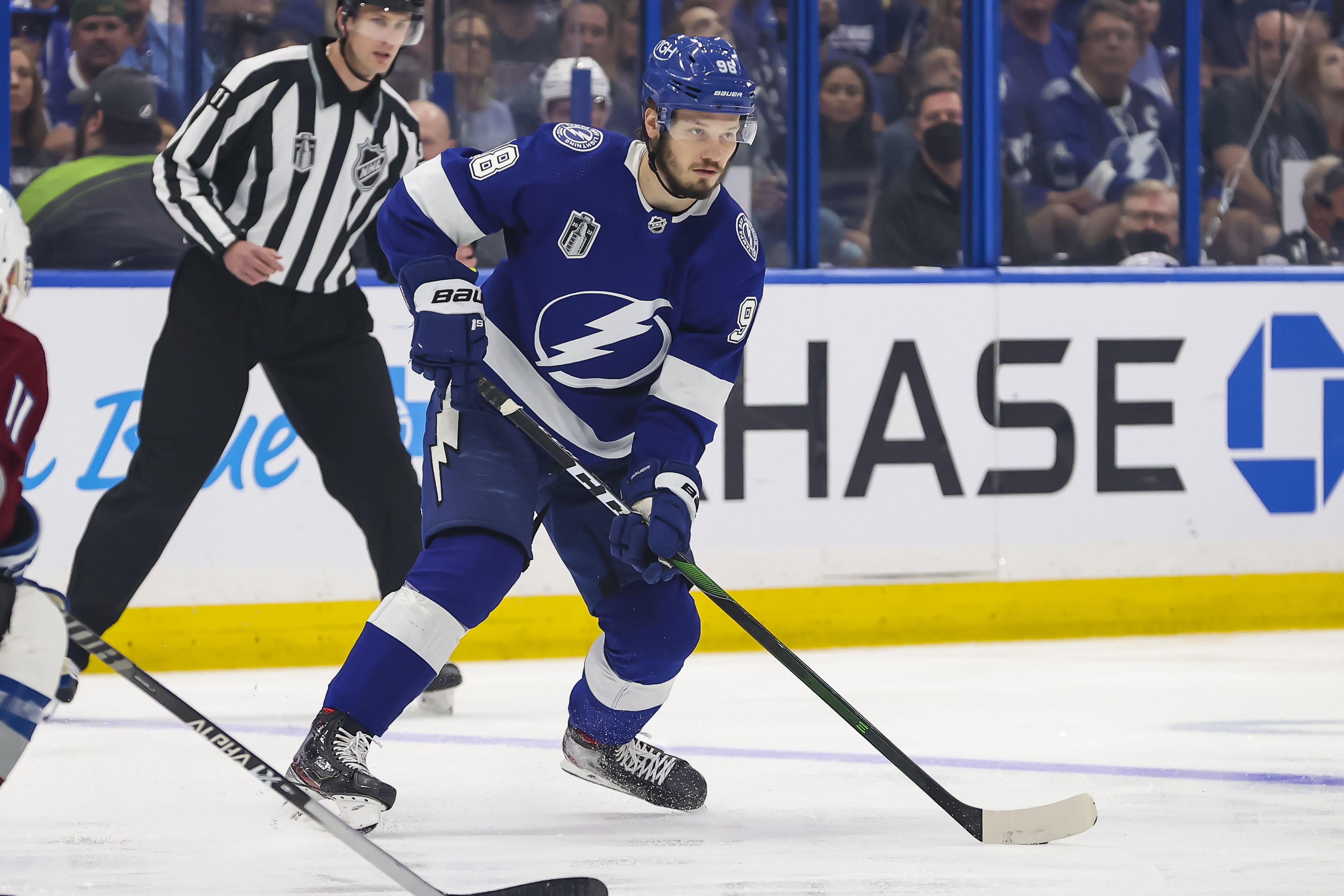 Mikhail Sergachev #98 of the Tampa Bay Lightning skates against the Colorado Avalanche during first period in Game Six of the 2022 Stanley Cup Final at Amalie Arena on June 26, 2022 in Tampa, Florida.