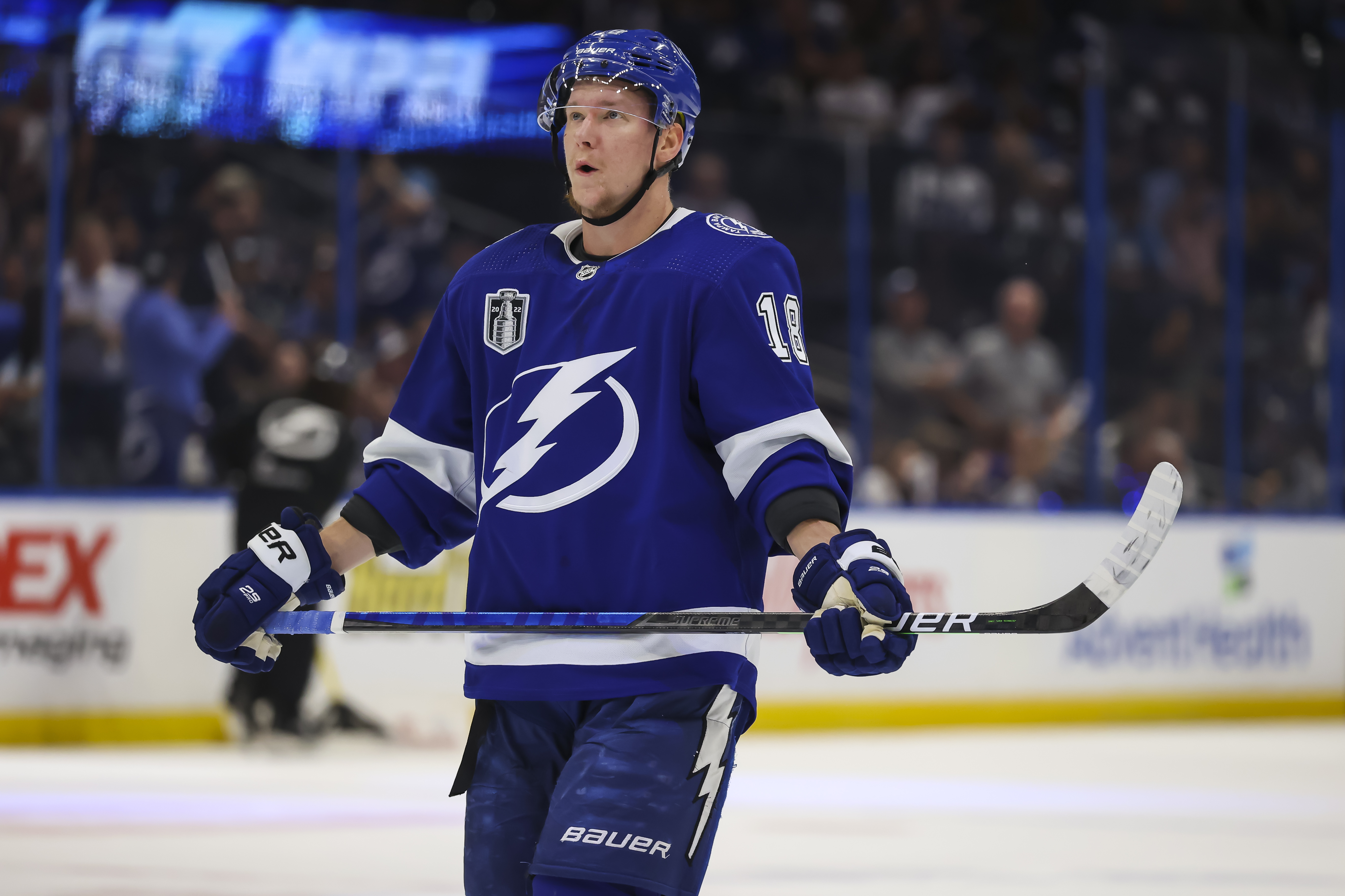 Ondrej Palat #18 of the Tampa Bay Lightning skates against the Colorado Avalanche during first period in Game Six of the 2022 Stanley Cup Final at Amalie Arena on June 26, 2022 in Tampa, Florida.
