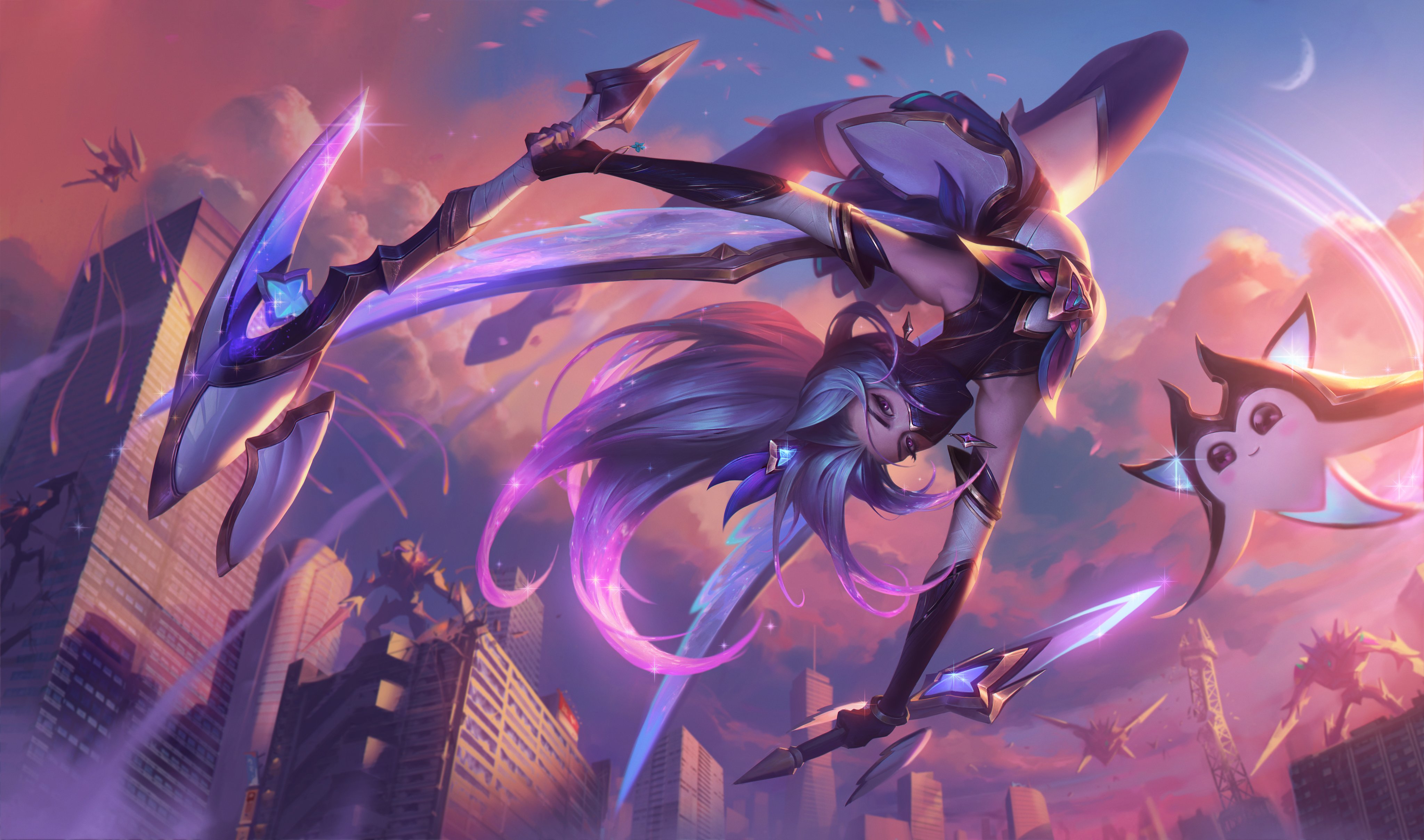League of Legends splash art, showing Star Guardian Akali do a flip in the air while fighting off monsters.