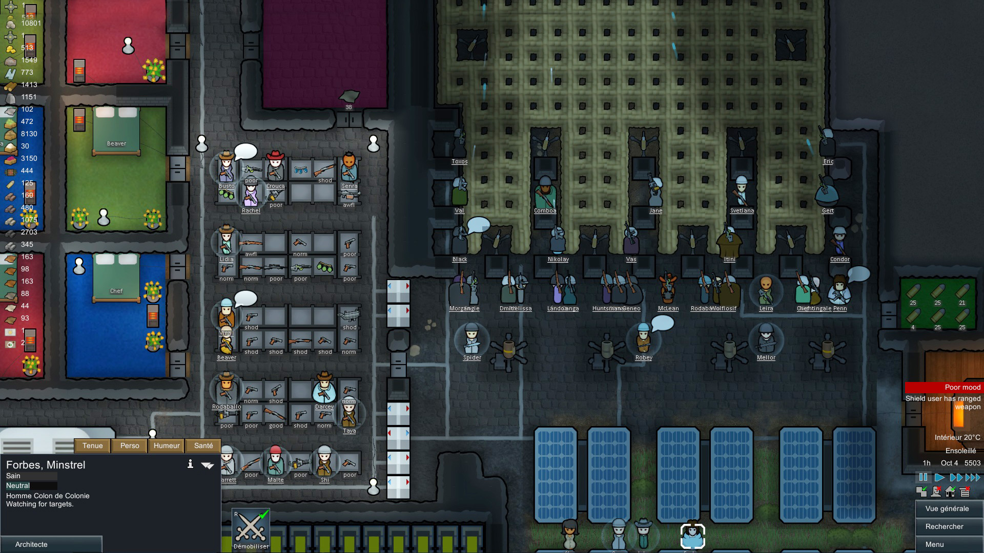 RimWorld - A colony in progress, powered by solar panels. Colonists move through the settlement, which is made up of a bedroom, armories, and other useful rooms for space survival.