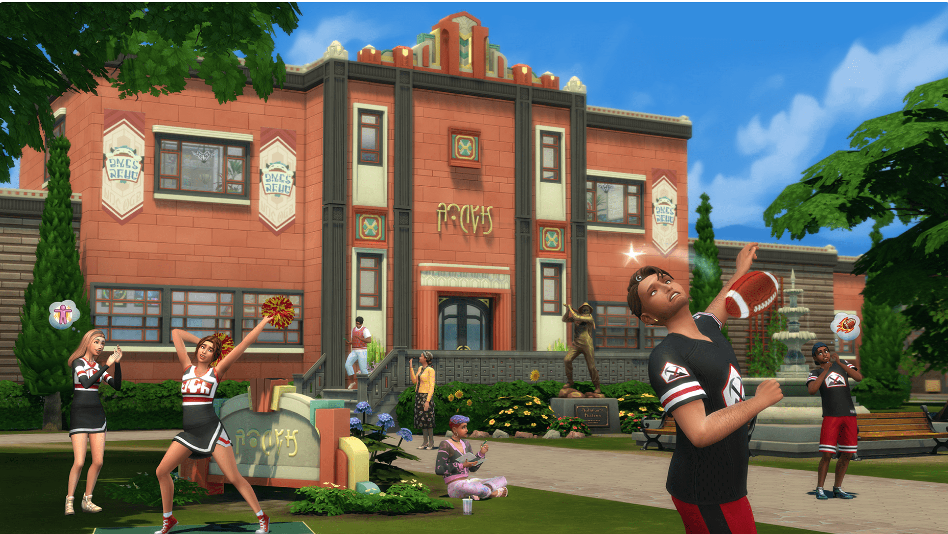 The Sims 4: High School Years - a bunch of teens hang outside their high school, engaging in antics. One Sim in the foreground just took a football to the chin, while cheerleader Sims practice on the other side of the yard.