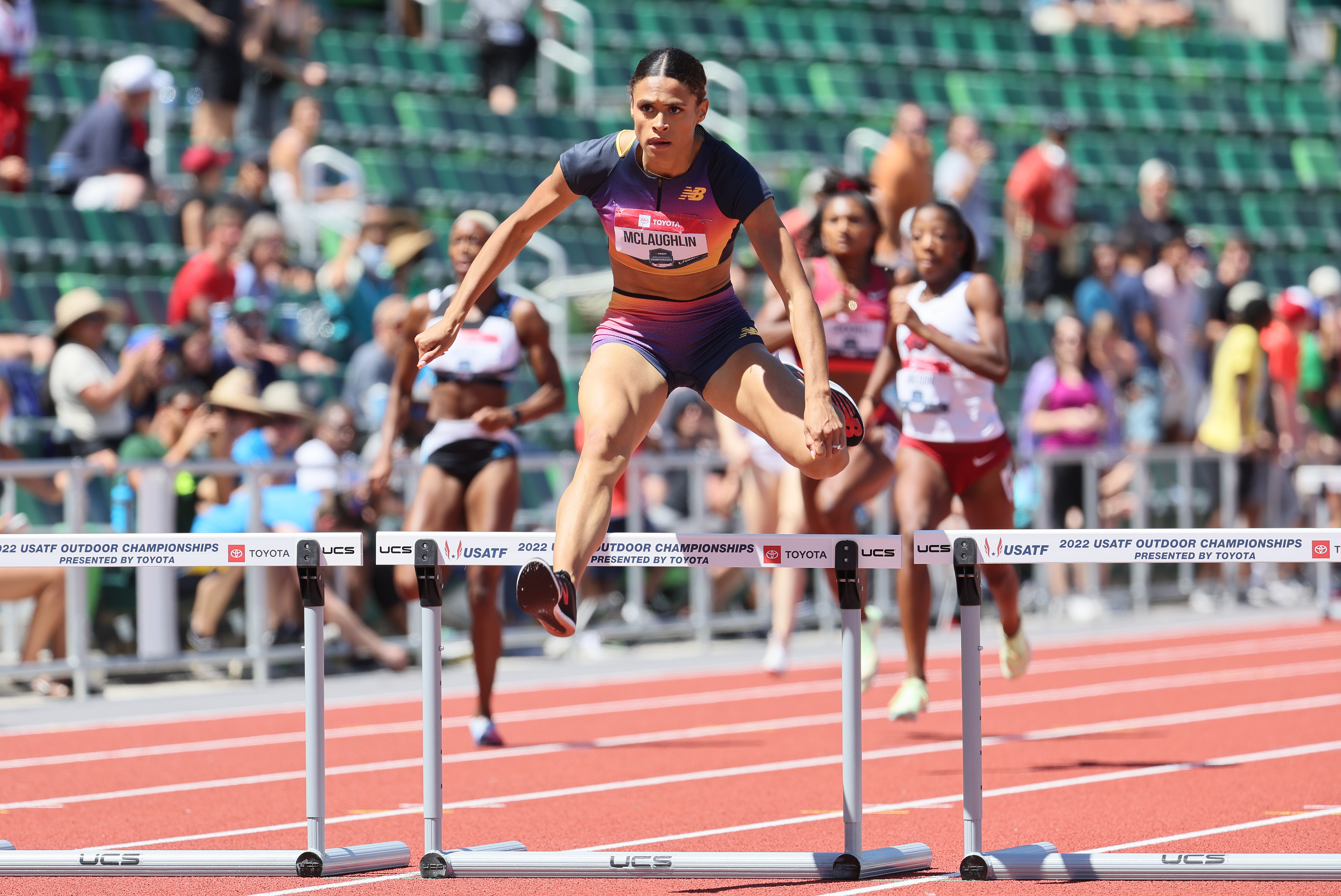 Sydney McLaughlin sets a world record in the final of the Women 400 Meter Hurdles during the 2022 USATF Outdoor Championships at Hayward Field on June 25, 2022 in Eugene, Oregon.