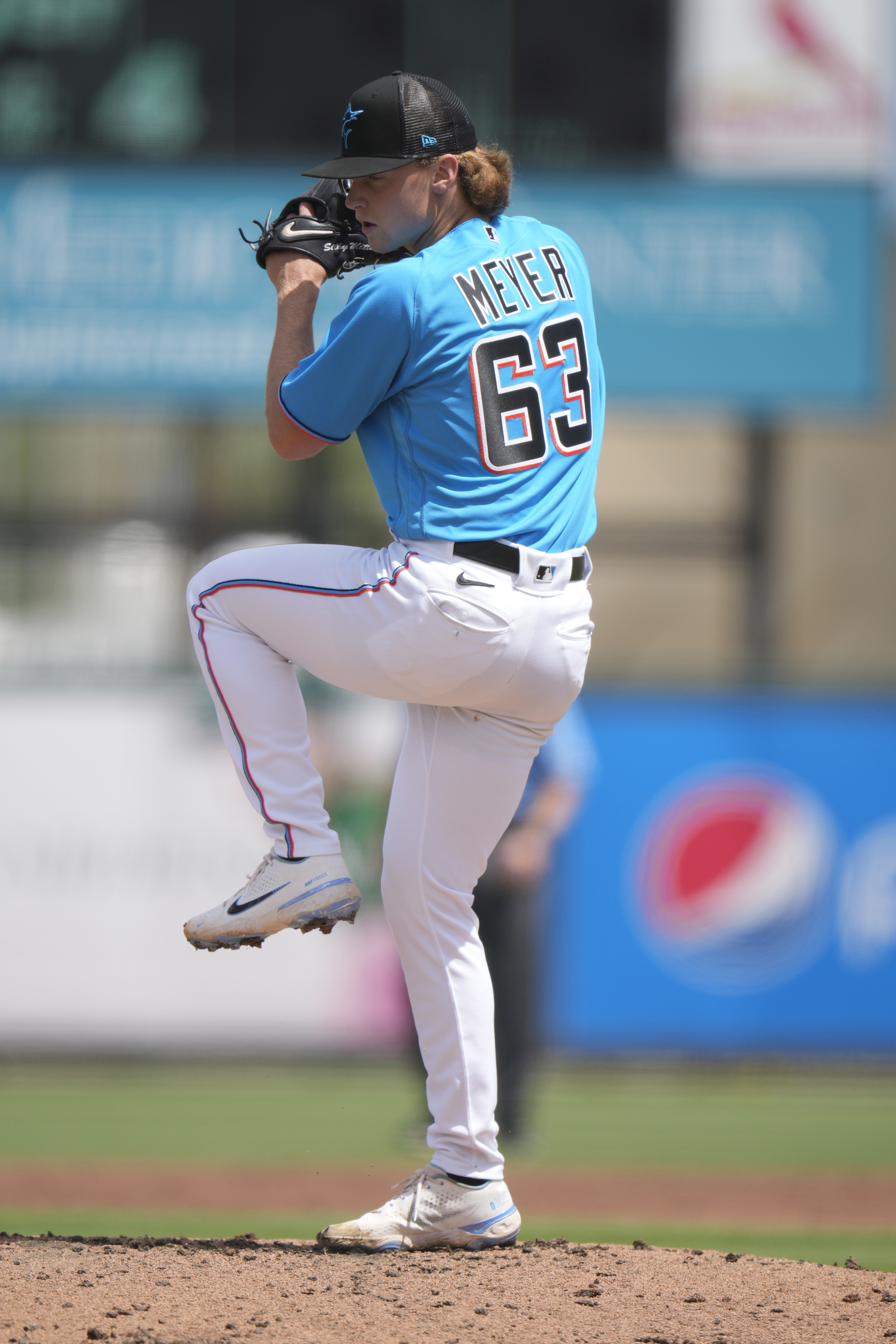 Max Meyer #63 of the Miami Marlins delivers a pitch in the third inning against the New York Mets in the Spring Training game at Roger Dean Stadium on March 21, 2022 in Jupiter, Florida.