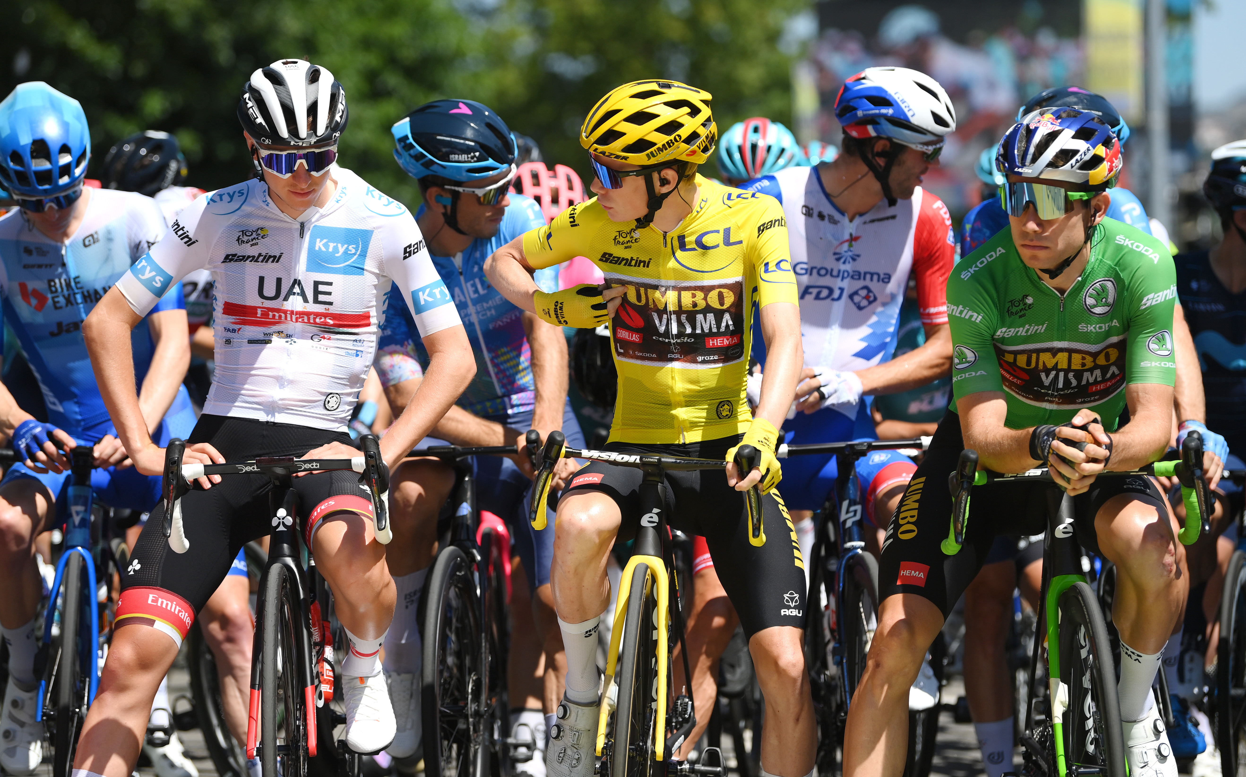 Tadej Pogacar of Slovenia and UAE Team Emirates white best young jersey, Jonas Vingegaard Rasmussen of Denmark Yellow Leader Jersey and Wout Van Aert of Belgium and Team Jumbo - Visma Green Points Jersey prior to the 109th Tour de France 2022, Stage 14 a 192,5km stage from Saint-Etienne to Mende 1009m / #TDF2022 / #WorldTour / on July 16, 2022 in Mende, France.