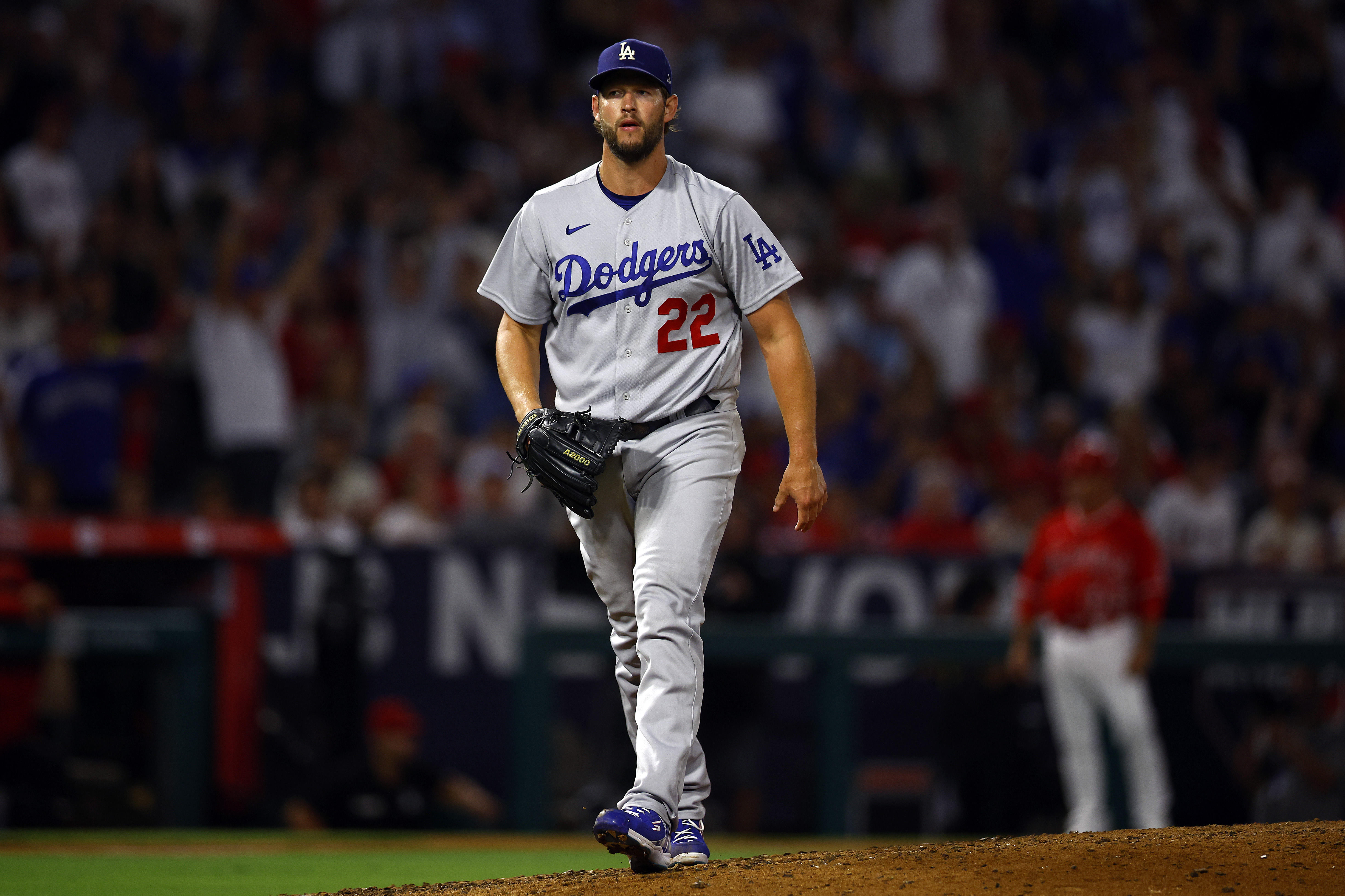Clayton Kershaw #22 of the Los Angeles Dodgers after the third out against the Los Angeles Angels in the seventh inning at Angel Stadium of Anaheim on July 15, 2022 in Anaheim, California.