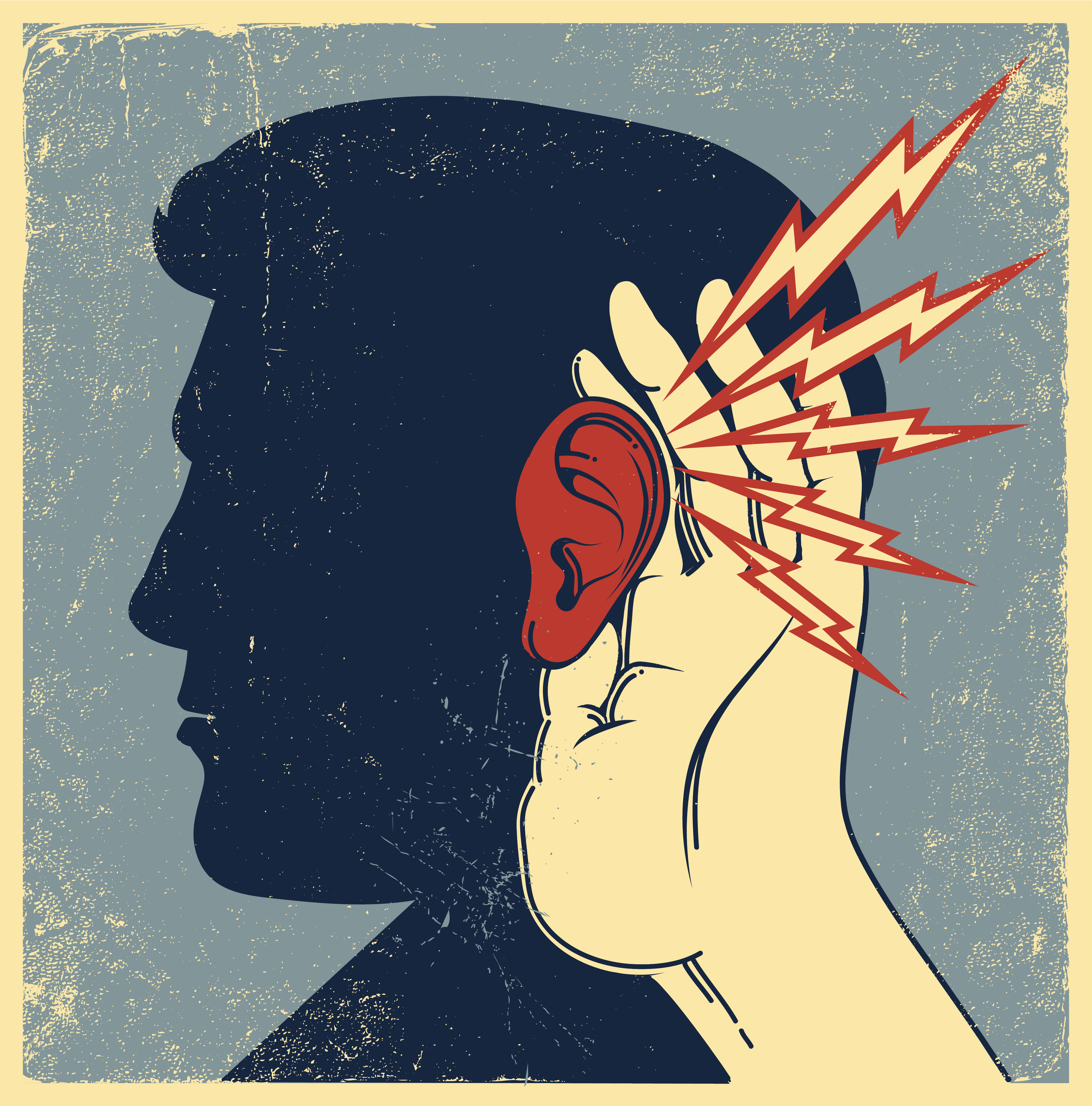 An illustration of a person’s head in silhouette with a hand to the ear and lightning bolts denoting sound causing the ear to turn red.