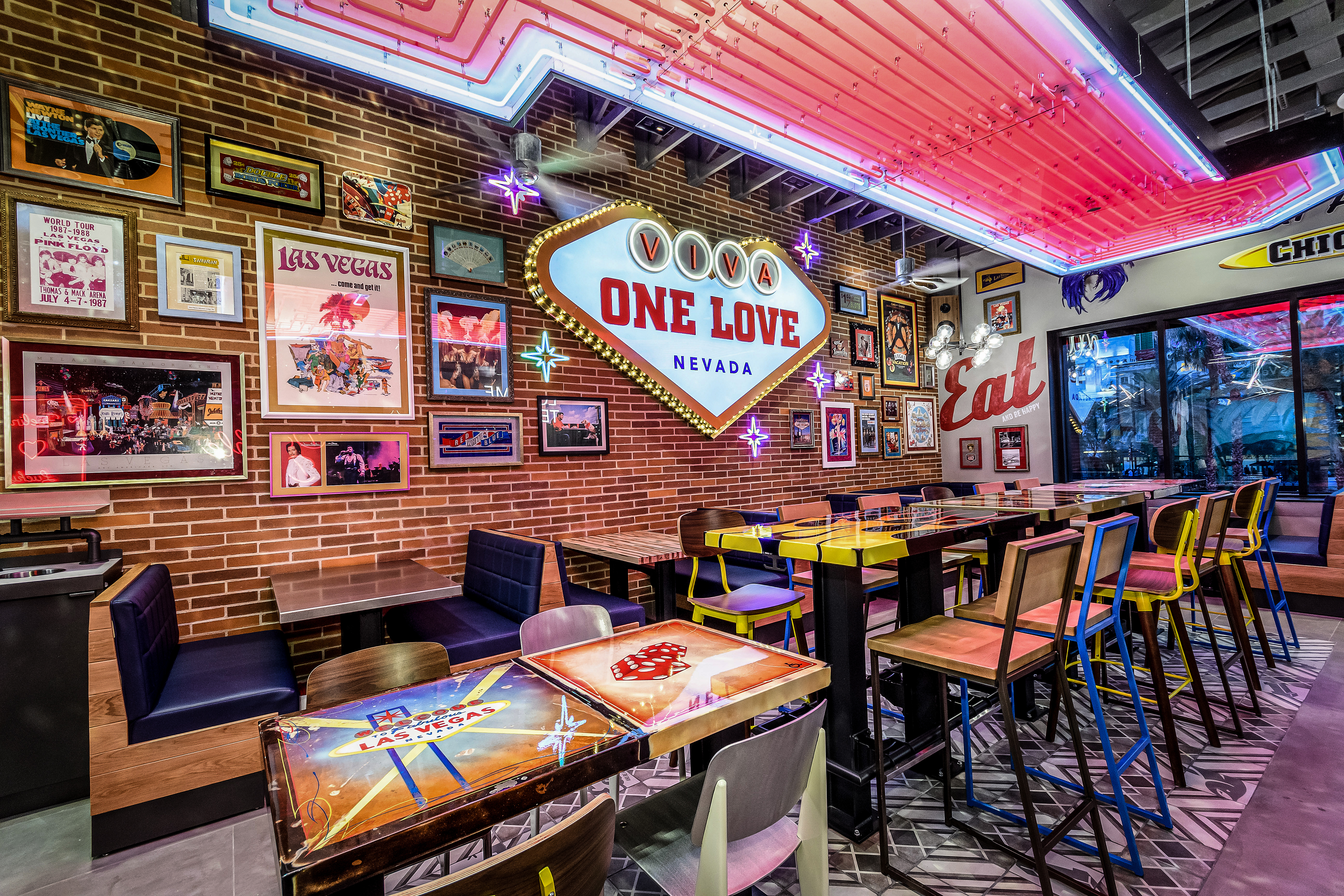 Raising Cane’s location the Las Vegas Strip with neon lights on the ceiling