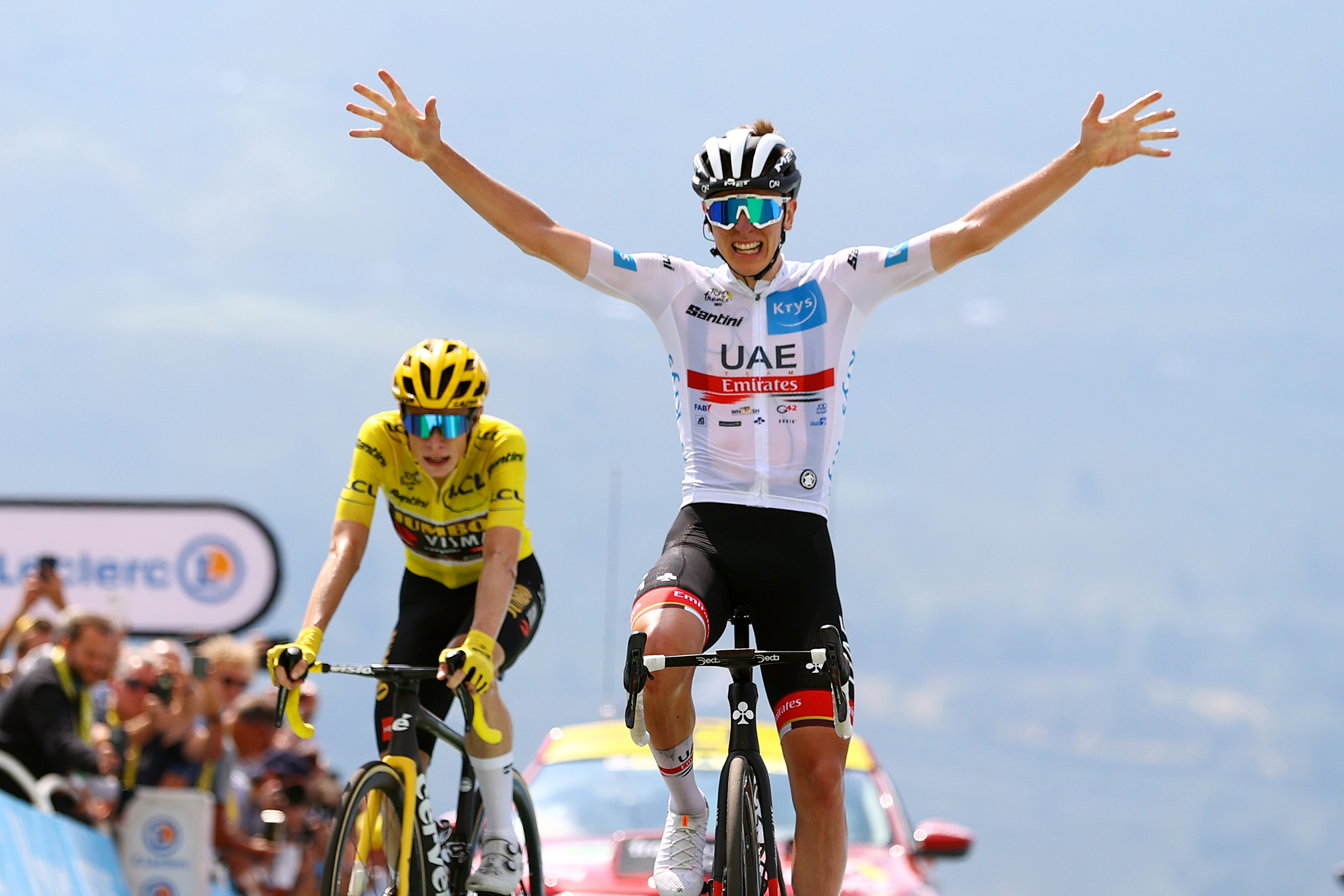 Tadej Pogacar of Slovenia and UAE Team Emirates - White Best Young Rider Jersey celebrates at finish line as stage winner ahead of Jonas Vingegaard Rasmussen of Denmark and Team Jumbo - Visma - Yellow Leader Jersey during the 109th Tour de France 2022, Stage 17 a 129,7km stage from Saint-Gaudens to Peyragudes 1580m / #TDF2022 / #WorldTour / on July 20, 2022 in Peyragudes, France.