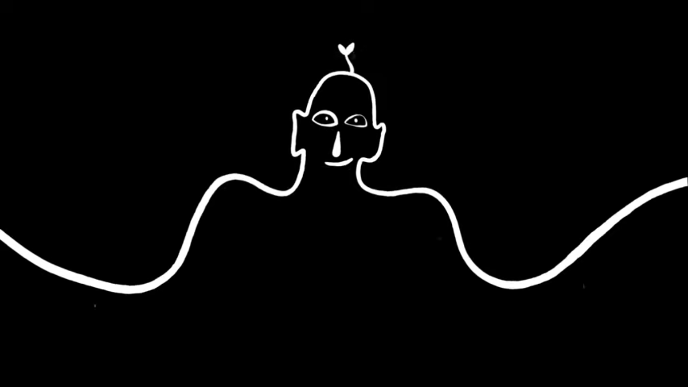 Wallflower Intearctive - a promotional video shows a man, drawn in white lines, smiling serenely as a sprout pokes out the top of his head.