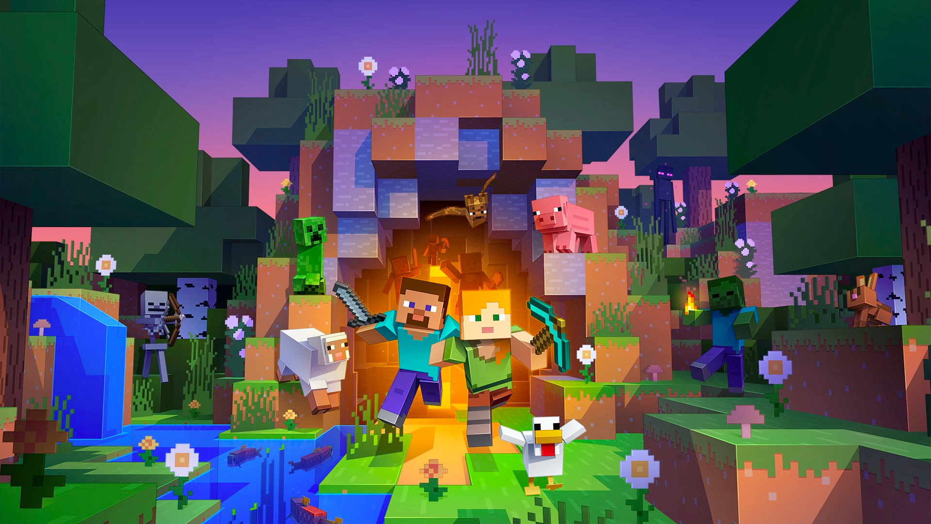 Artwork of Minecraft featuring Steve and Alex emerging from a cave, surrounded by wildlife and zombies
