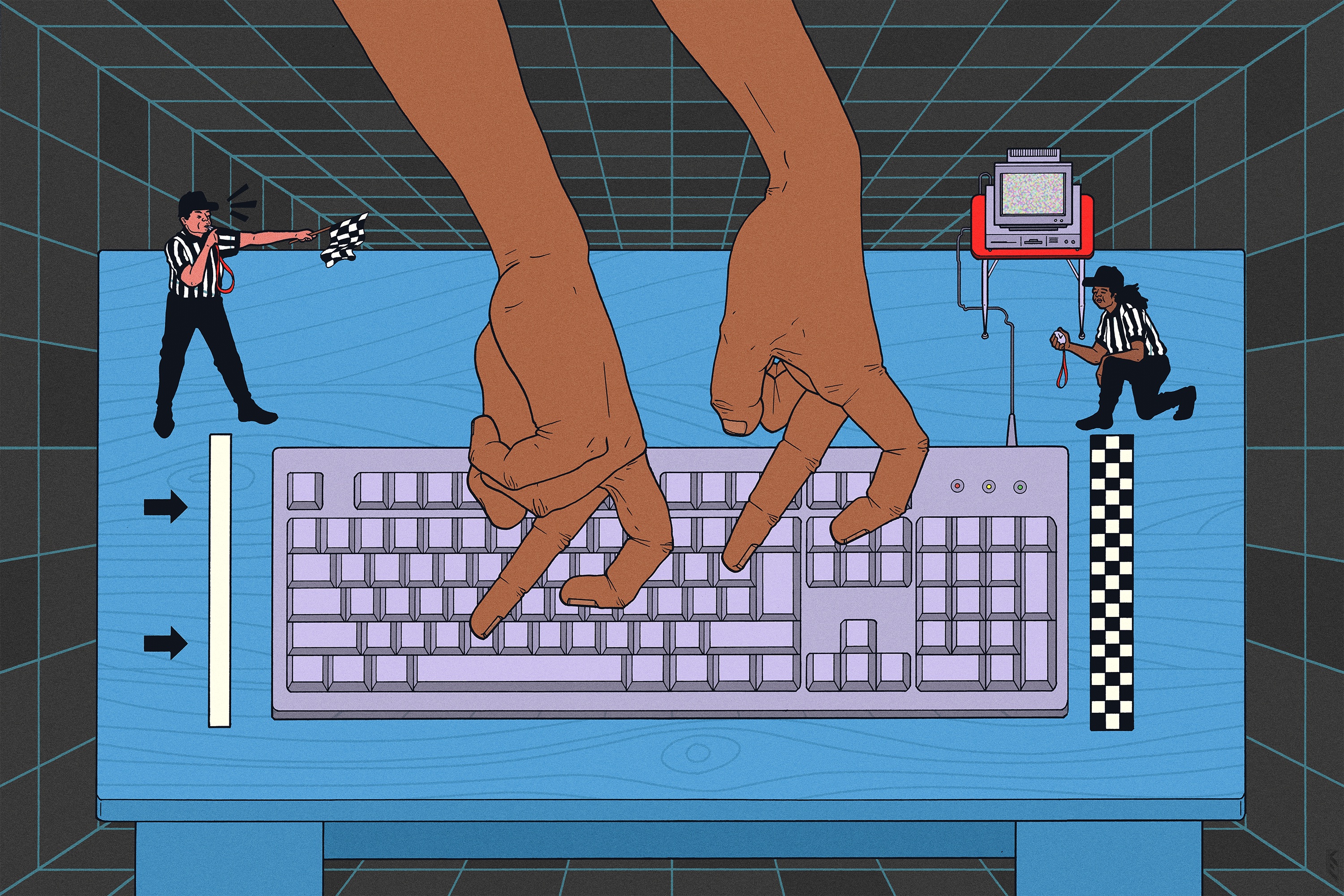 An illustration shows fingers crawling across a keyboard