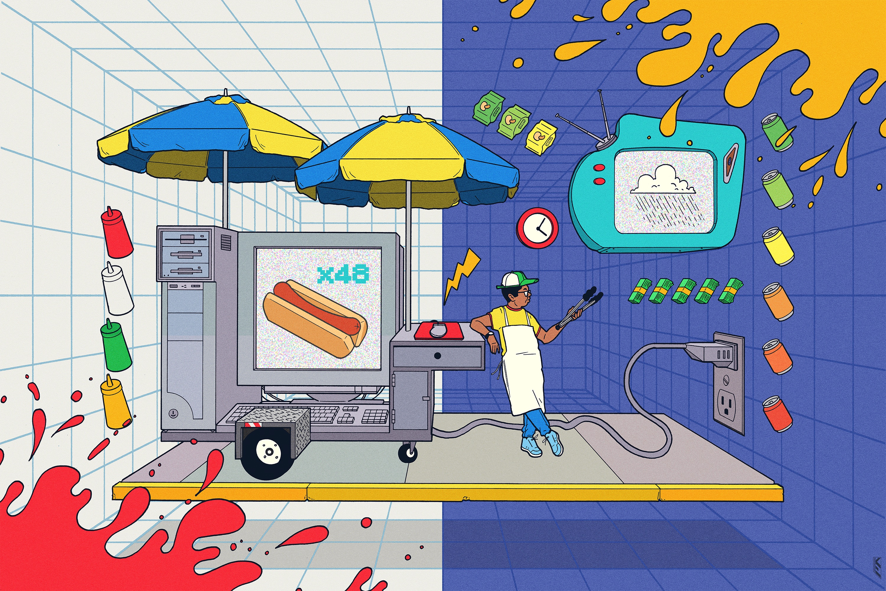 An illustration shows a hot dog stand worker working a stand in real life and on his tablet