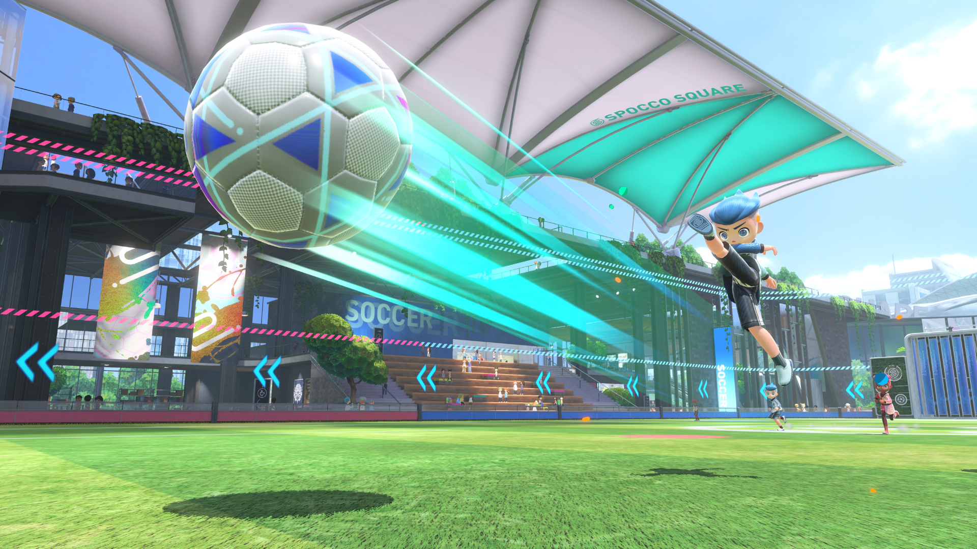Screenshot from Nintendo Switch Sports soccer mini game in which a blue-haired boy kicks an oversized soccer ball