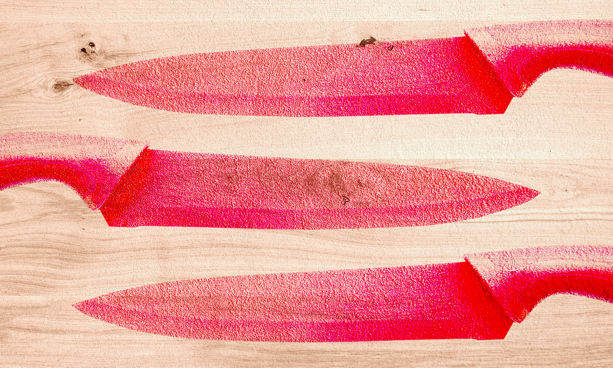 Illustration of three red knives atop a wood-rain background.