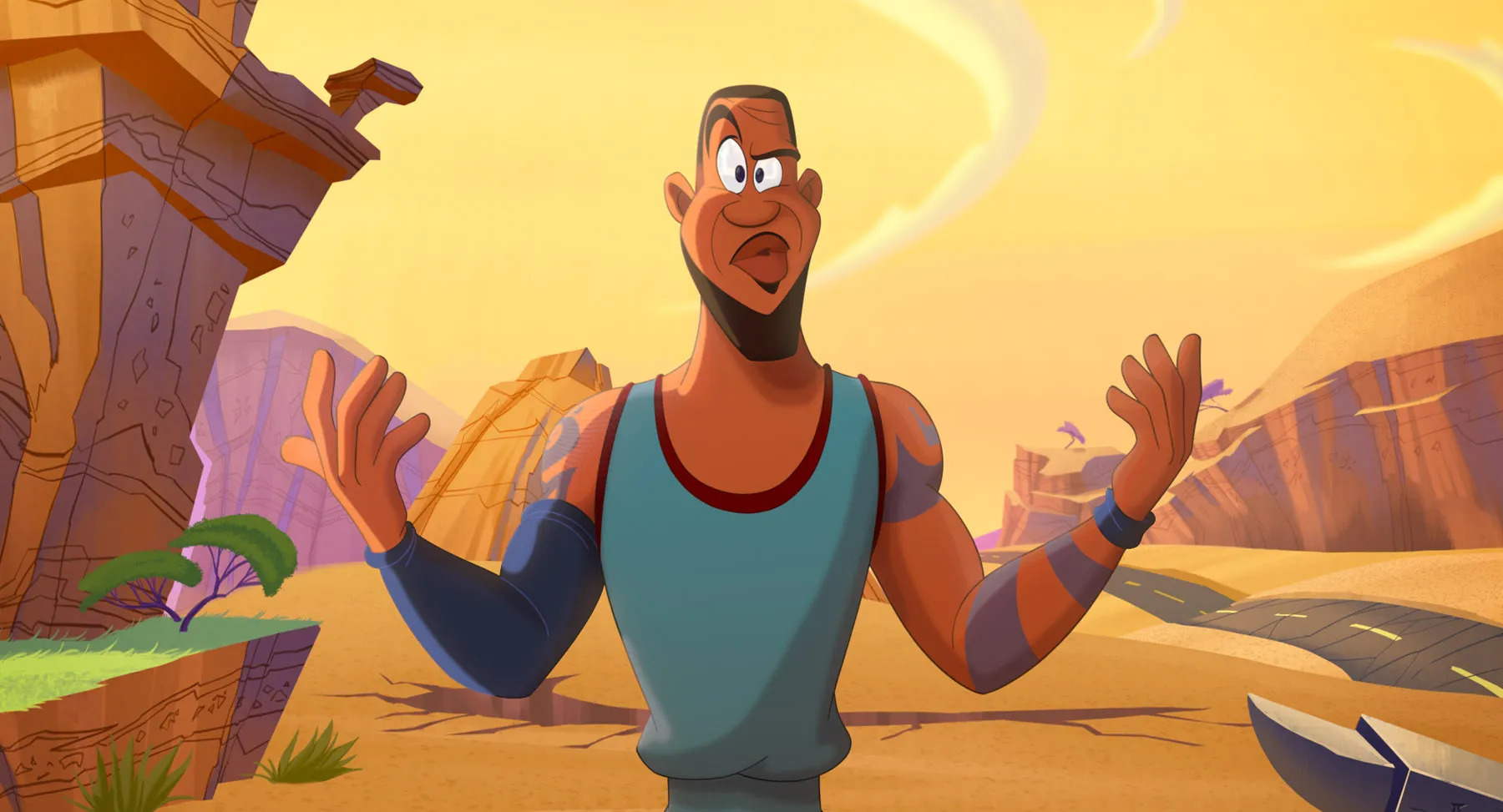 A cartoonish LeBron James looks confused in a still from Space Jam: A New Legacy