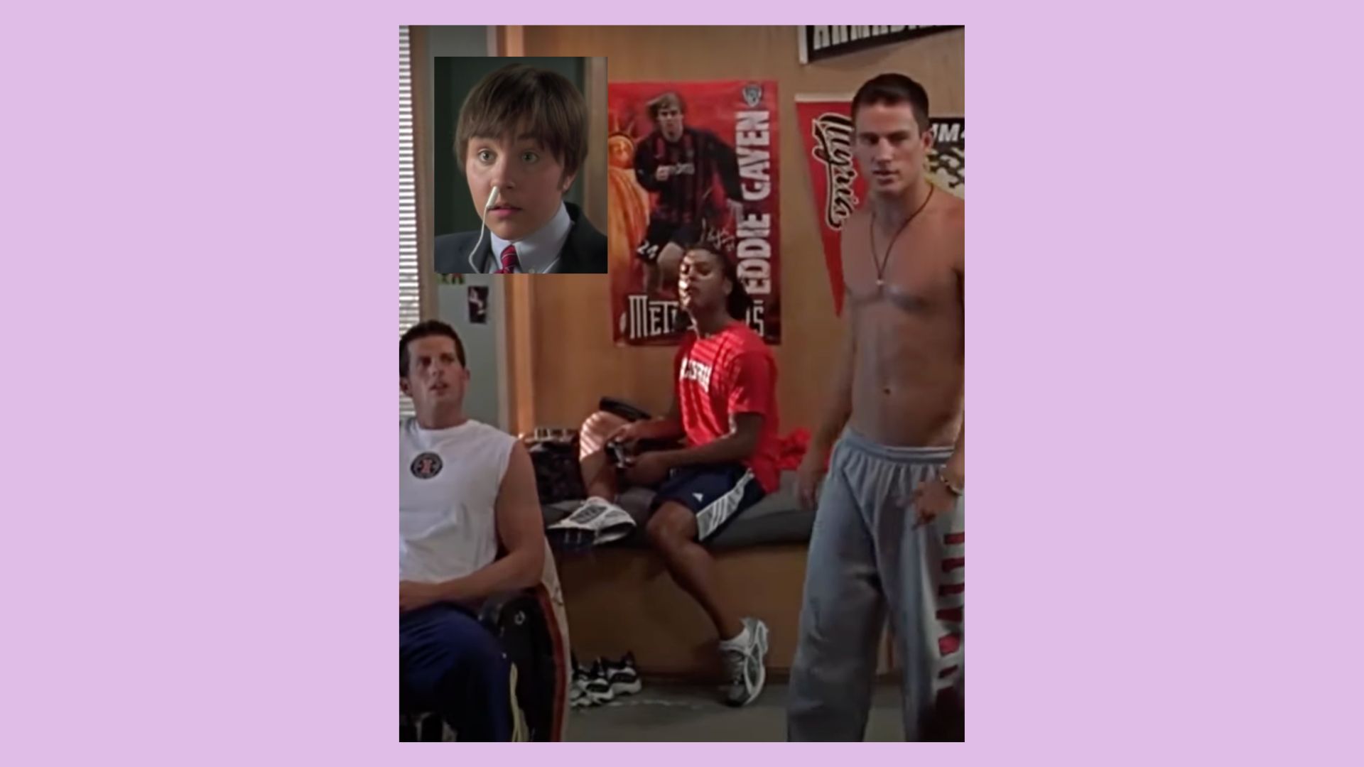 Sebastian from “She’s the Man” with a tampon in her nose, over an image of the other soccer players reacting. The movie stills are edited to look like a BeReal app image.