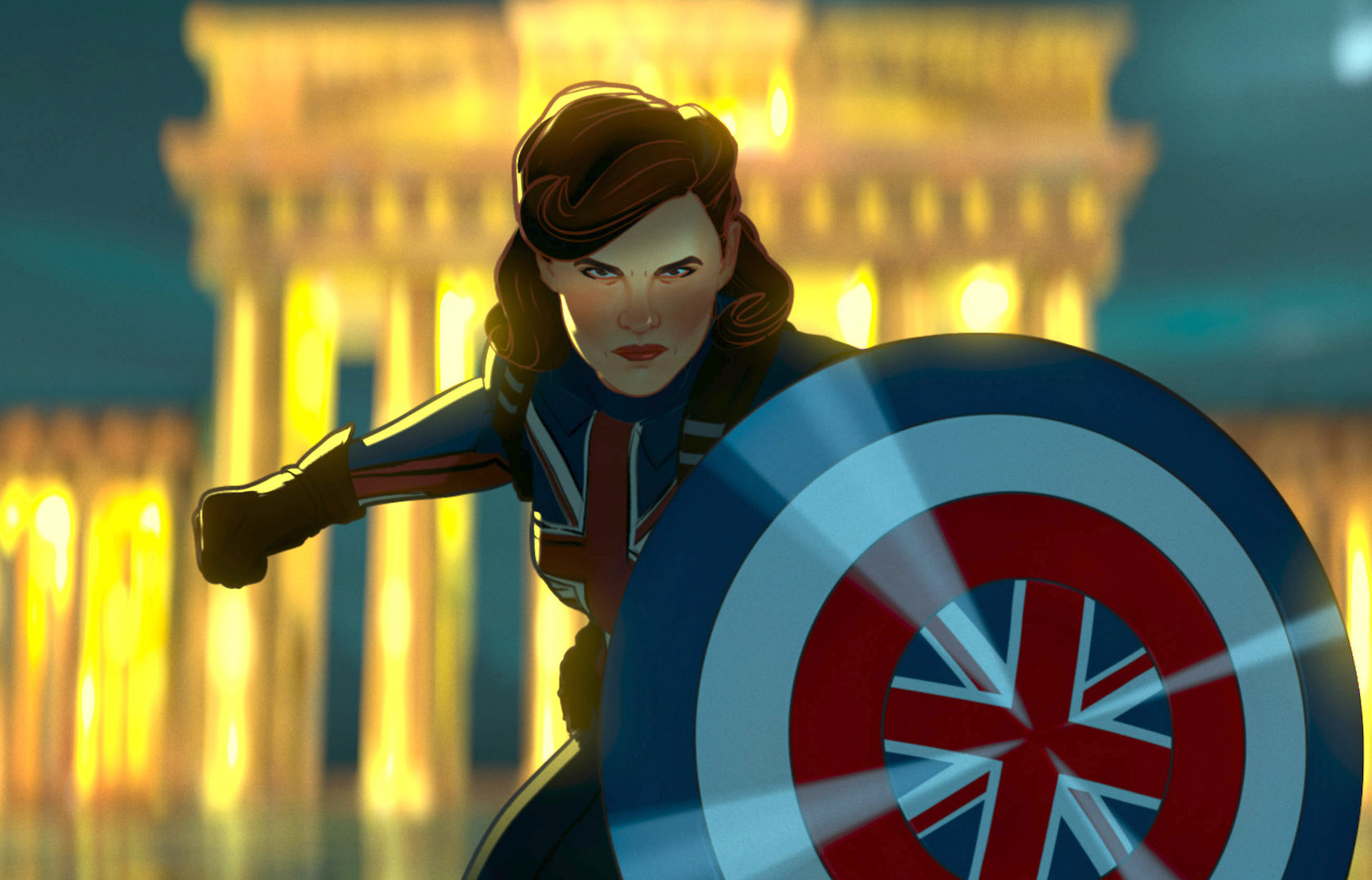 Animated Captain Carter from What If holds her shield up