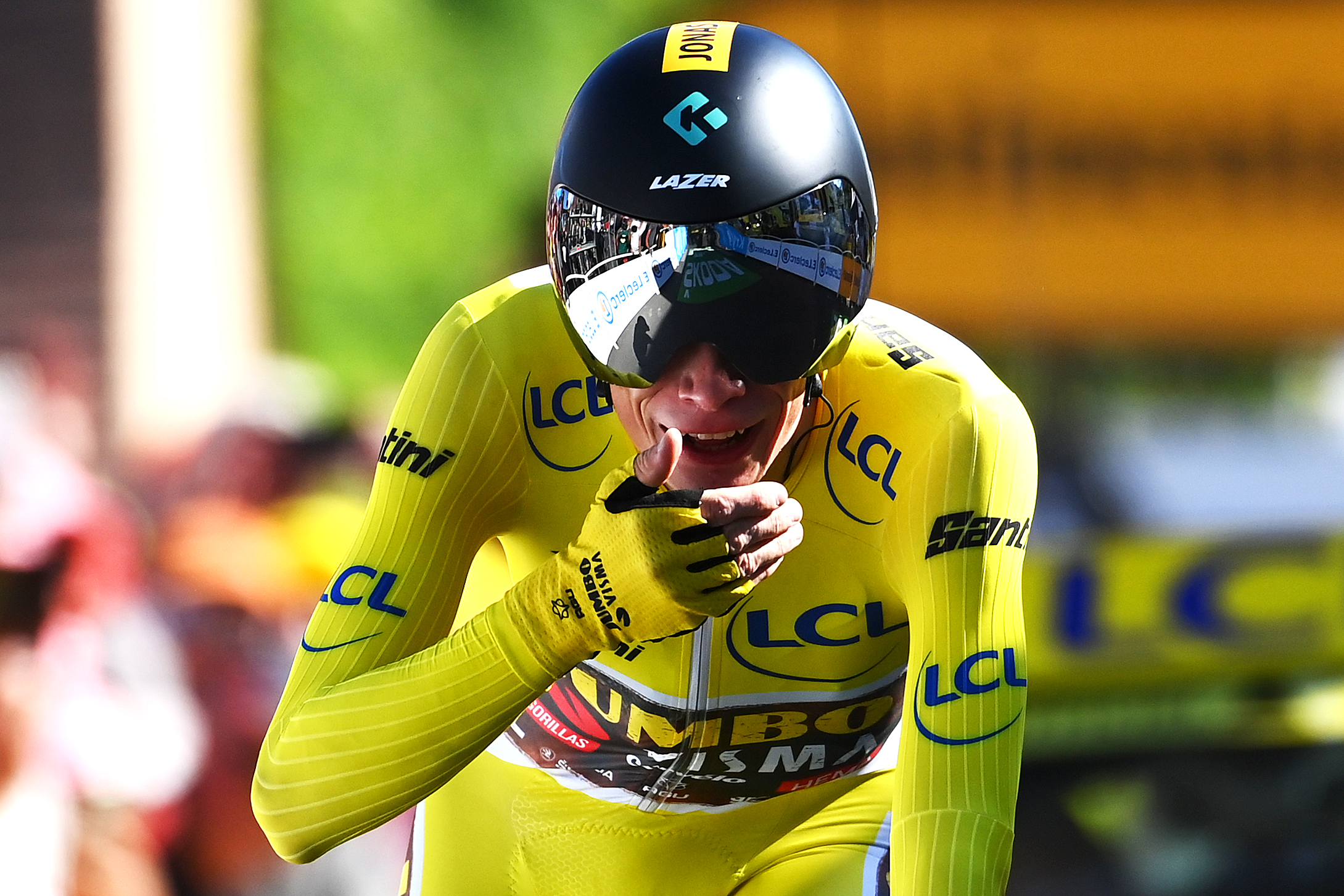 Jonas Vingegaard Rasmussen of Denmark and Team Jumbo - Visma Yellow Leader Jersey crosses the finish line during the 109th Tour de France 2022, Stage 20 a 40,7km individual time trial from Lacapelle-Marival to Rocamadour / #TDF2022 / #WorldTour / on July 23, 2022 in Rocamadour, France.