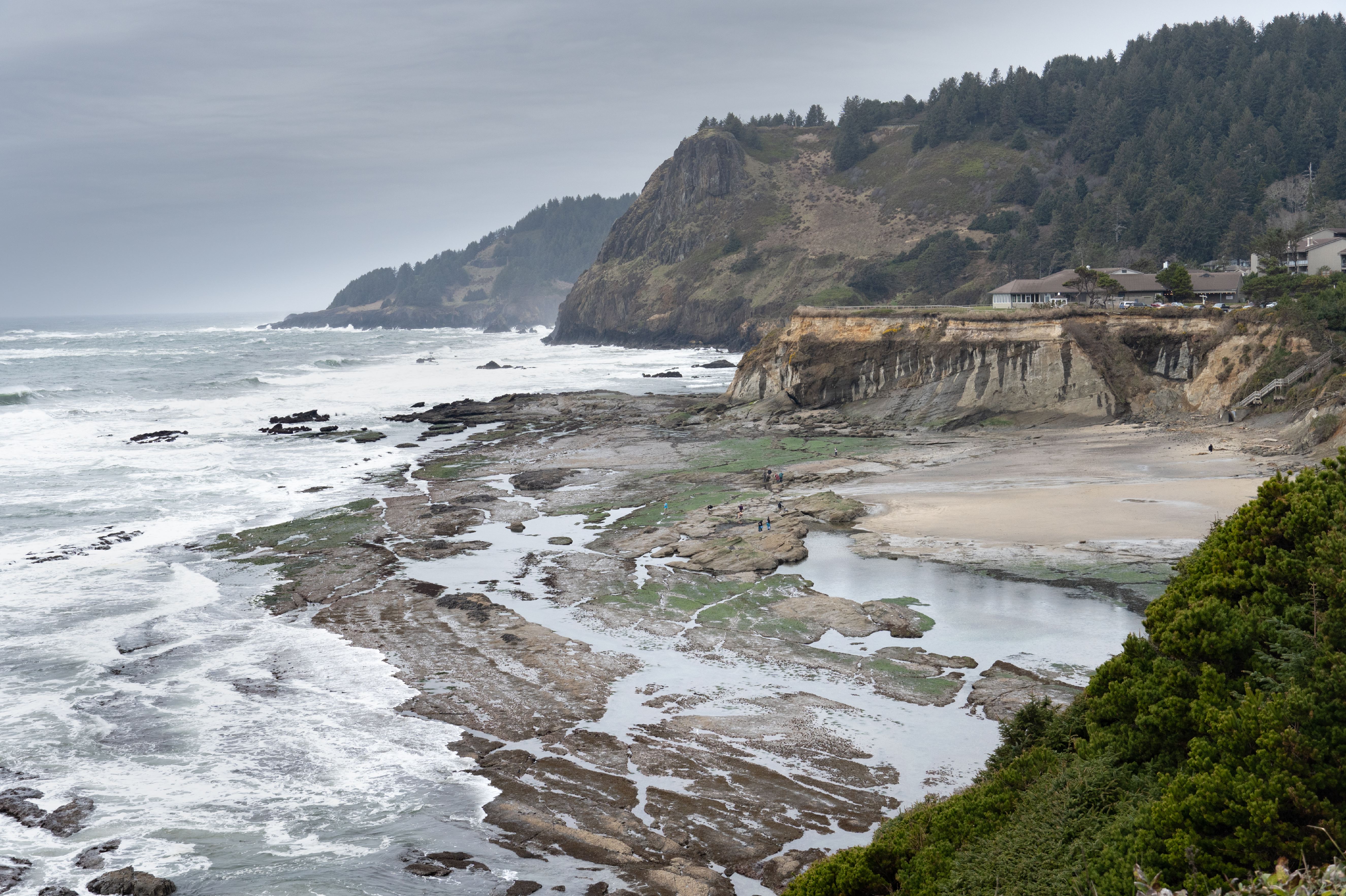 Wave-cut platform or bench and uplifted marine terrace with buildings. The marine terrace rests with angular unconformity on tilted sandstone of Miocene Astoria Formation, Otter Crest and Cape Foul weather, Oregon coast.