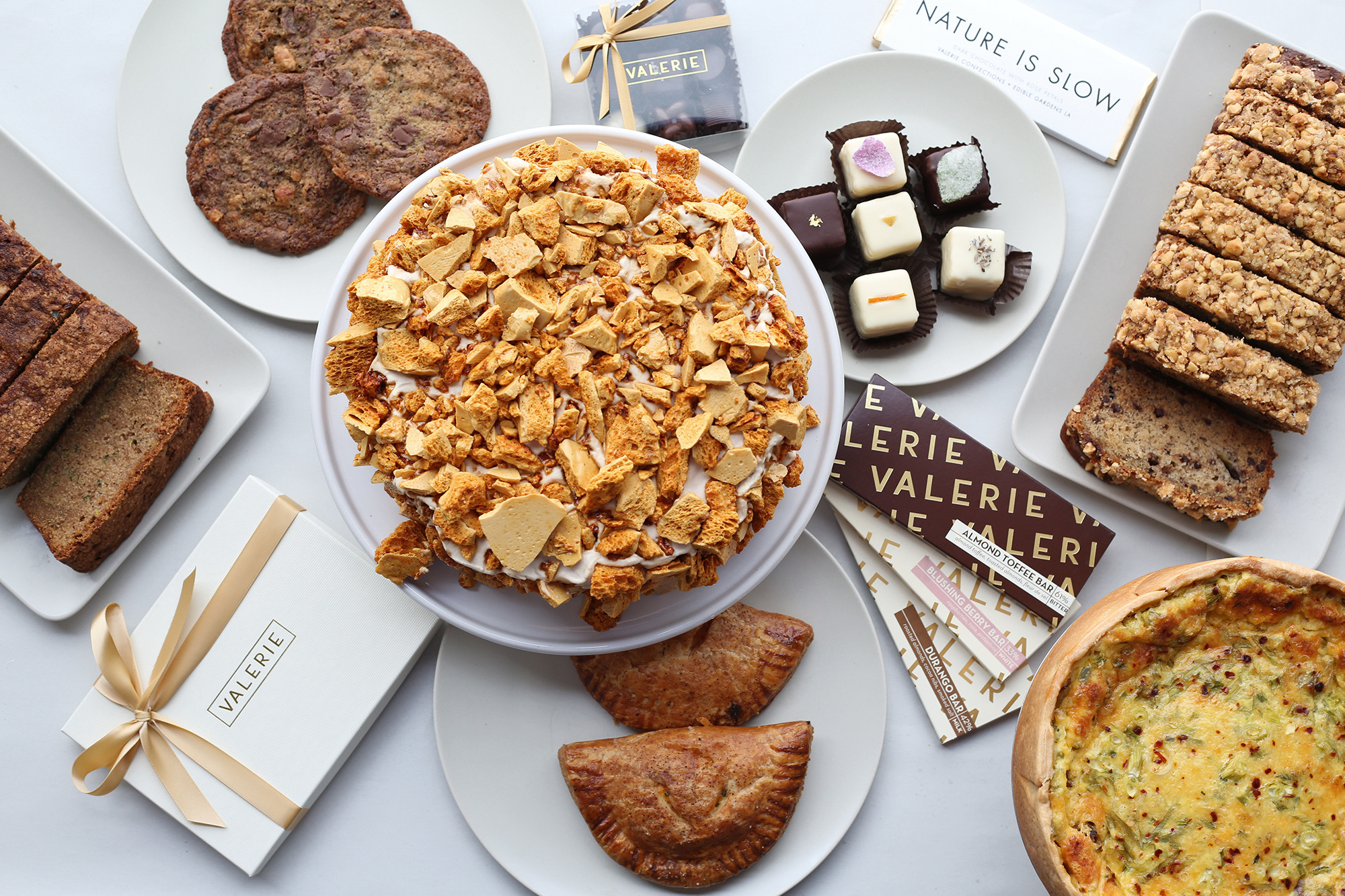 Coffee crunch cake, chocolate bars, petit fours, and more from Valerie Confections. 