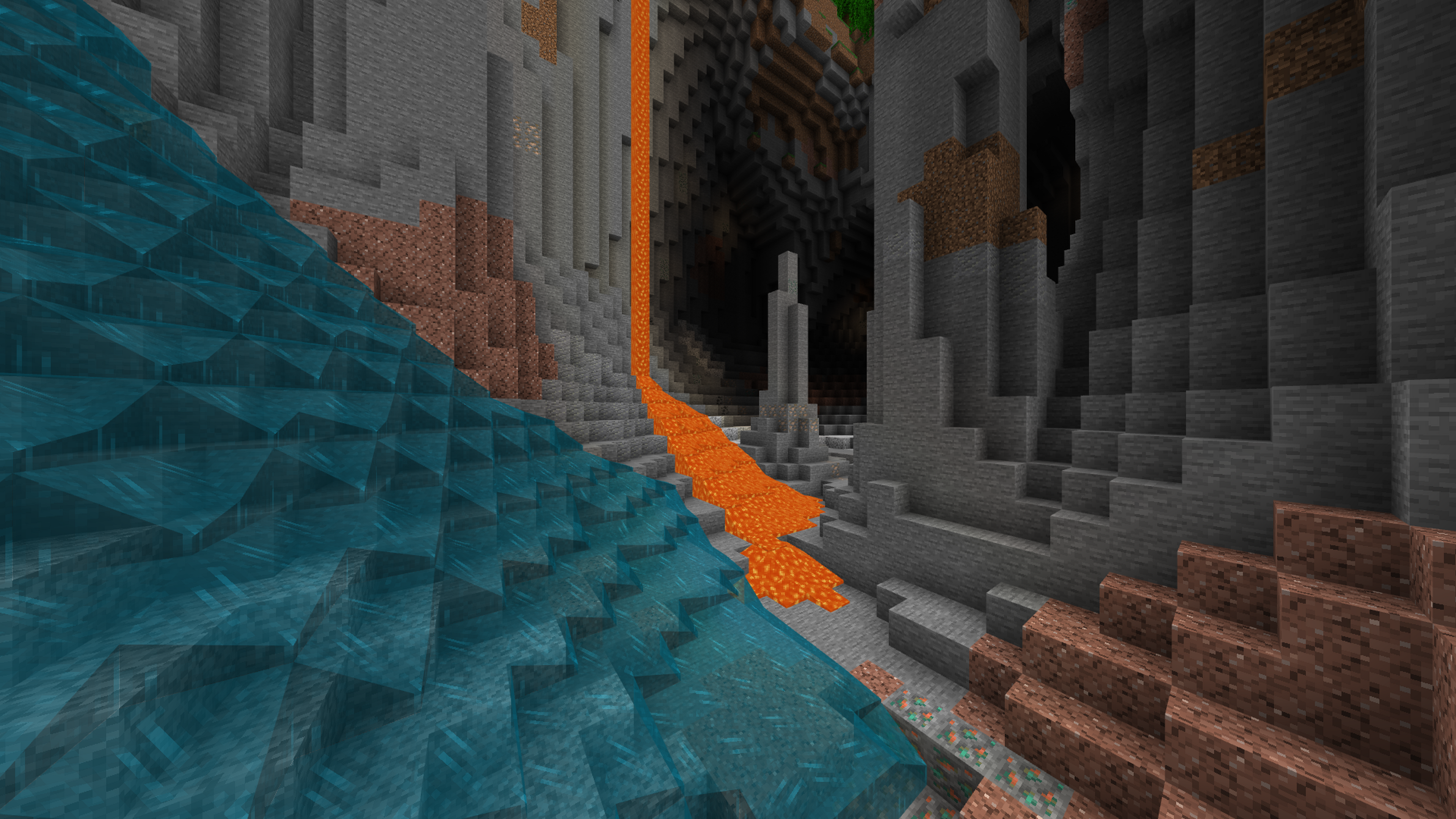 A Minecraft screenshot of water and lava flowing into a cave